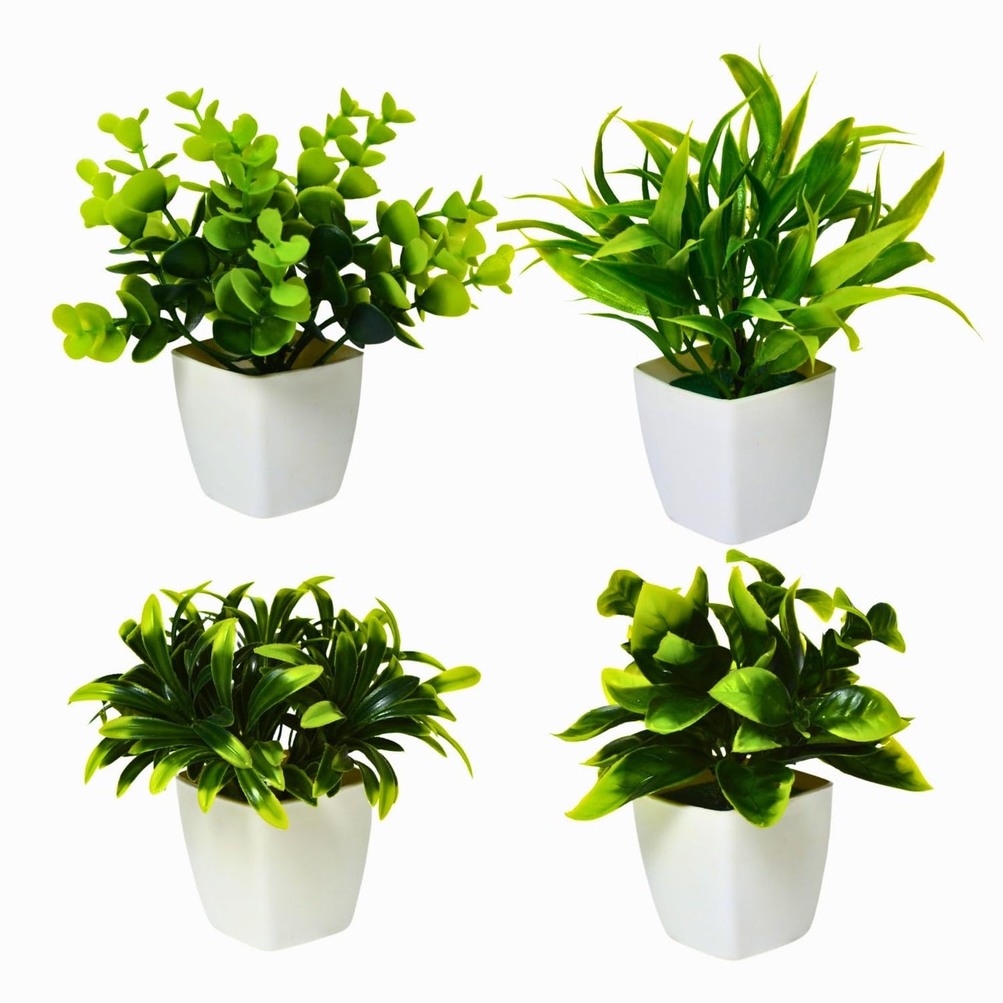 DecoreBugs Artificial Greenery Leave Set in Wooden Pot (4 Pack) Mini Potted Plants for Home Decor, Office Desk, Shelf Decoration, Indoor Small Fake Eucalyptus