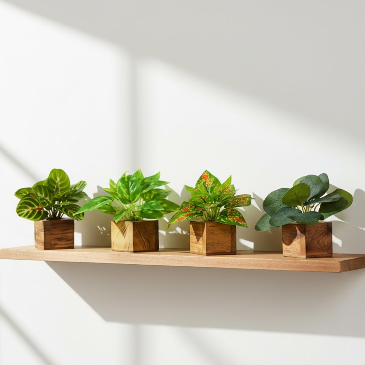 DecoreBugs Artificial Greenery Leave Set in Wooden Pot (4 Pack) Mini Potted Plants for Home Decor, Office Desk, Shelf Decoration, Indoor Small Fake Eucalyptus