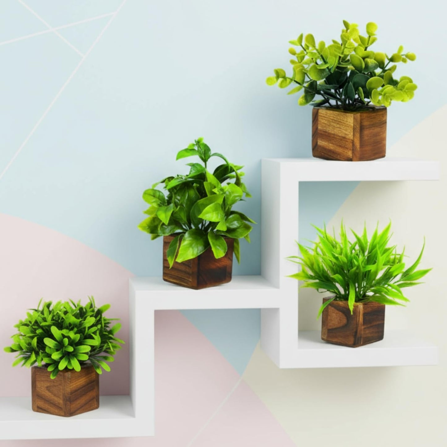 DecoreBugs Artificial Greenery Leave Set in Wooden Pot (4 Pack) Mini Potted Plants for Home Decor, Office Desk, Shelf Decoration, Indoor Small Fake Eucalyptus