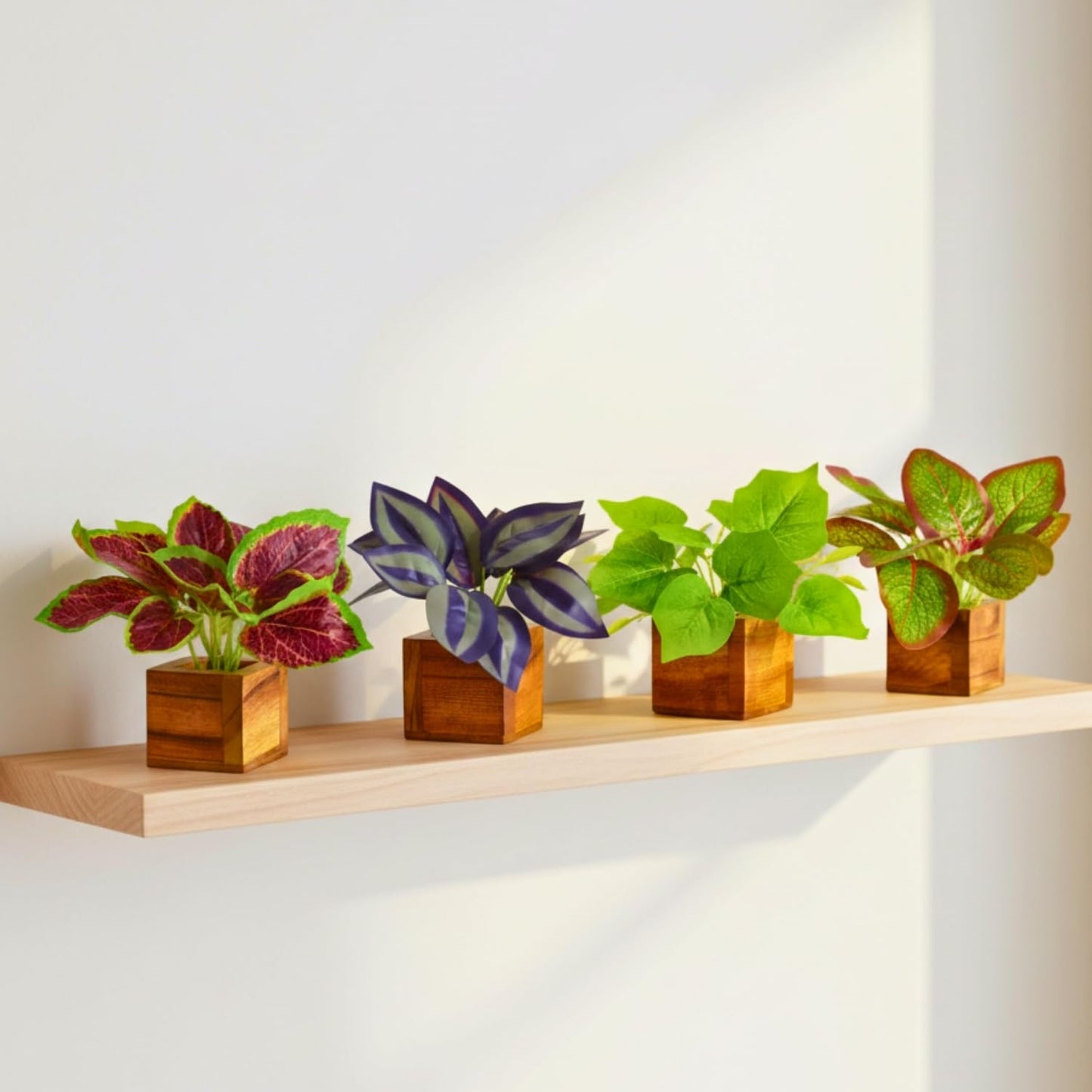 DecoreBugs Artificial Greenery Leave Set in Wooden Pot (4 Pack) Mini Potted Plants for Home Decor, Office Desk, Shelf Decoration, Indoor Small Fake Eucalyptus