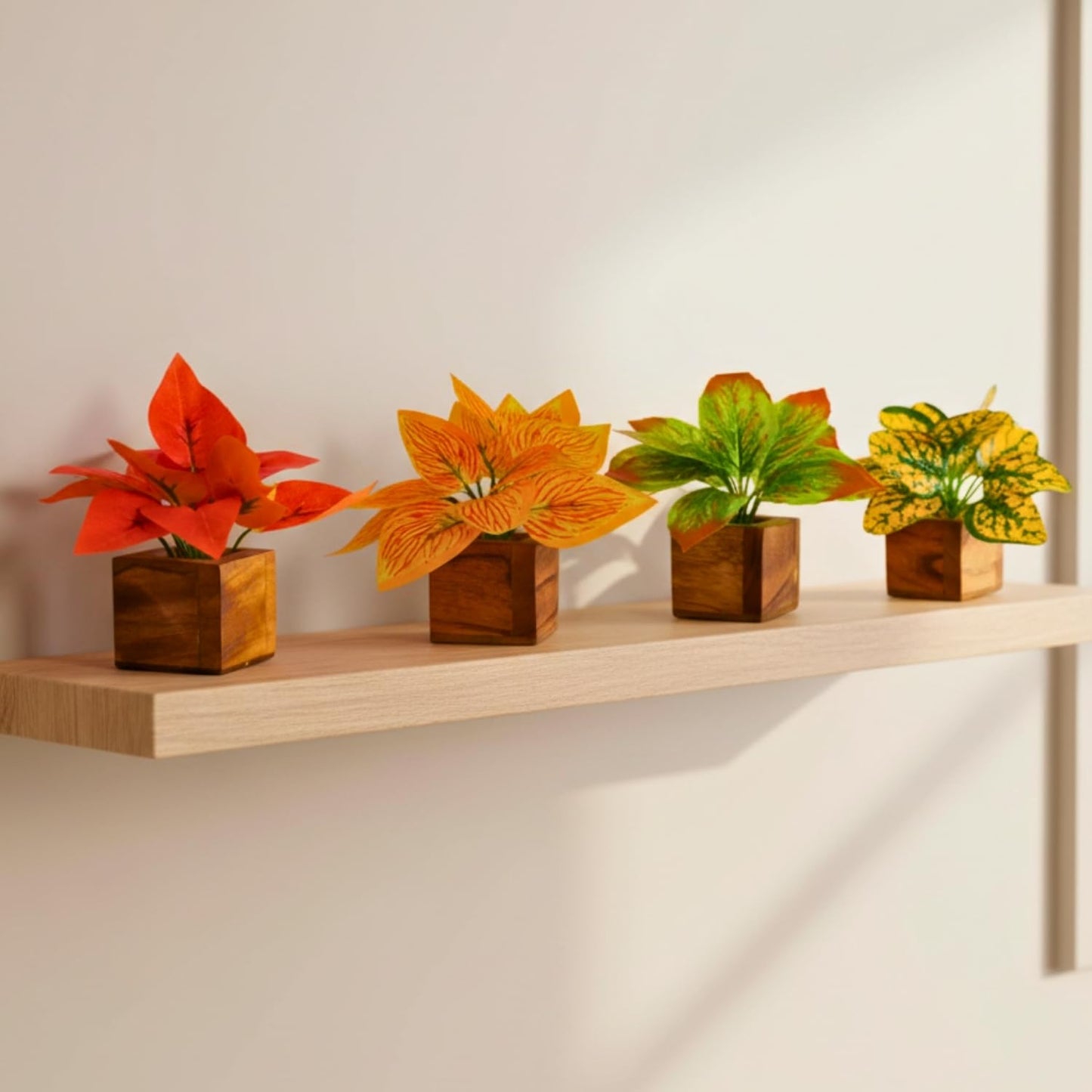 DecoreBugs Artificial Greenery Leave Set in Wooden Pot (4 Pack) Mini Potted Plants for Home Decor, Office Desk, Shelf Decoration, Indoor Small Fake Eucalyptus