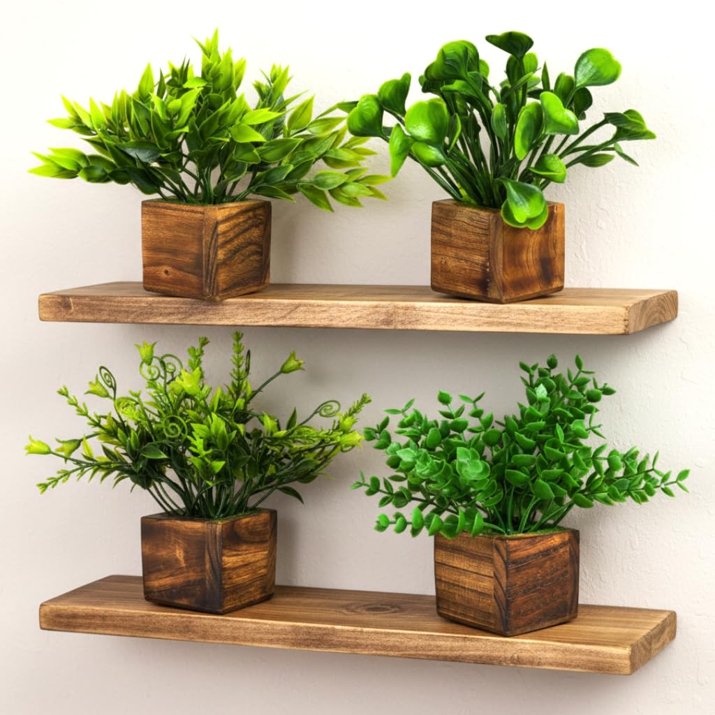 DecoreBugs Artificial Greenery Leave Set in Wooden Pot (4 Pack) Mini Potted Plants for Home Decor, Office Desk, Shelf Decoration, Indoor Small Fake Eucalyptus