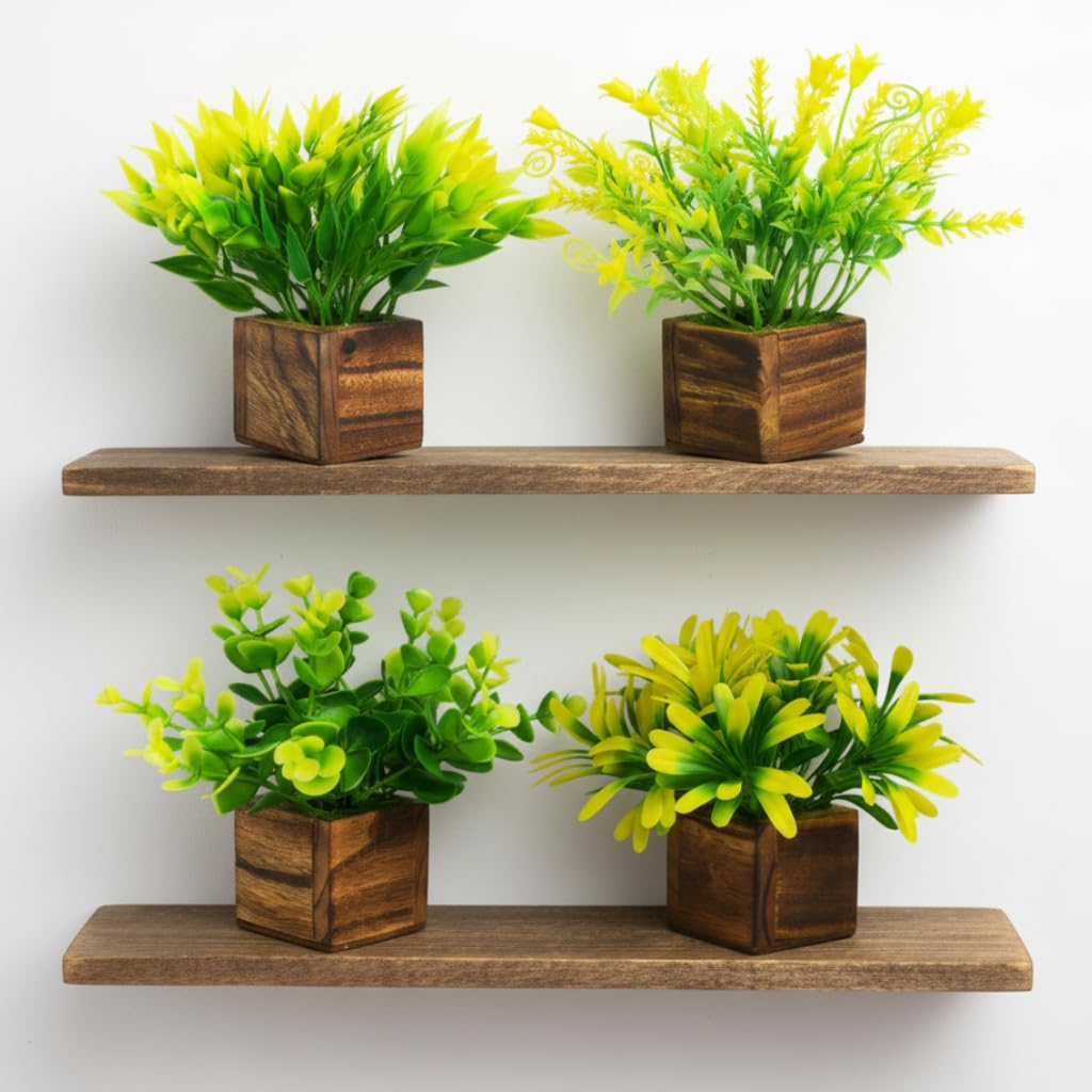 DecoreBugs Artificial Greenery Leave Set in Wooden Pot (4 Pack) Mini Potted Plants for Home Decor, Office Desk, Shelf Decoration, Indoor Small Fake Eucalyptus