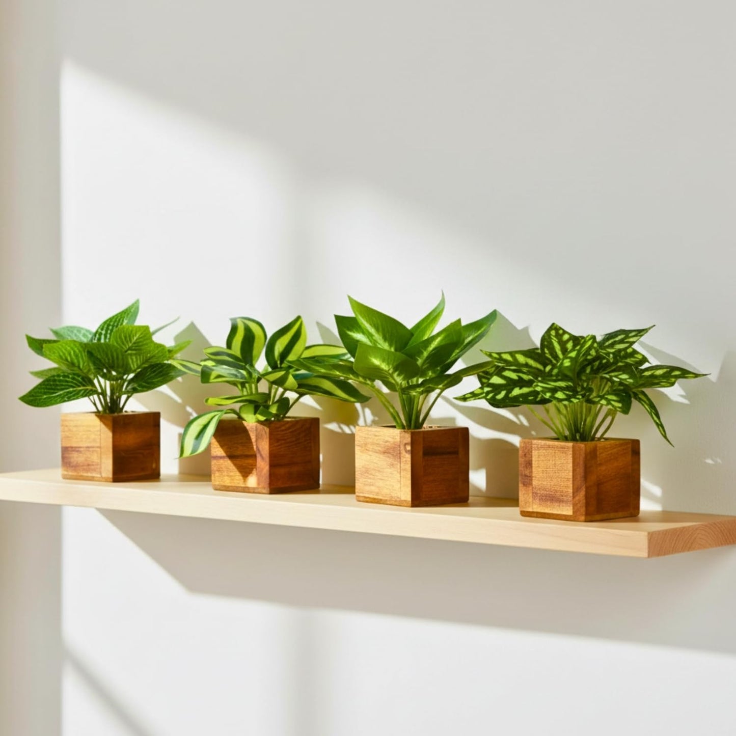DecoreBugs Artificial Greenery Leave Set in Wooden Pot (4 Pack) Mini Potted Plants for Home Decor, Office Desk, Shelf Decoration, Indoor Small Fake Eucalyptus