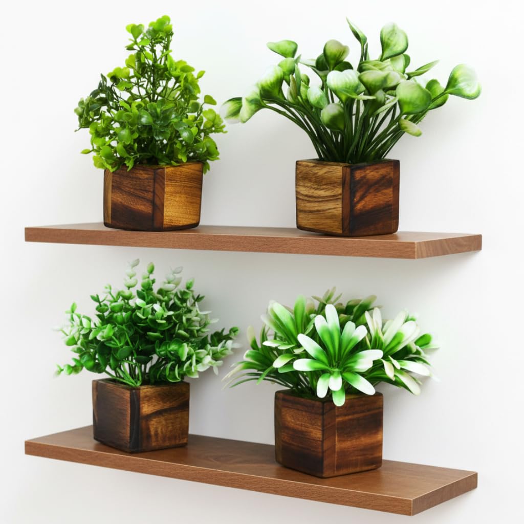 DecoreBugs Artificial Greenery Leave Set in Wooden Pot (4 Pack) Mini Potted Plants for Home Decor, Office Desk, Shelf Decoration, Indoor Small Fake Eucalyptus