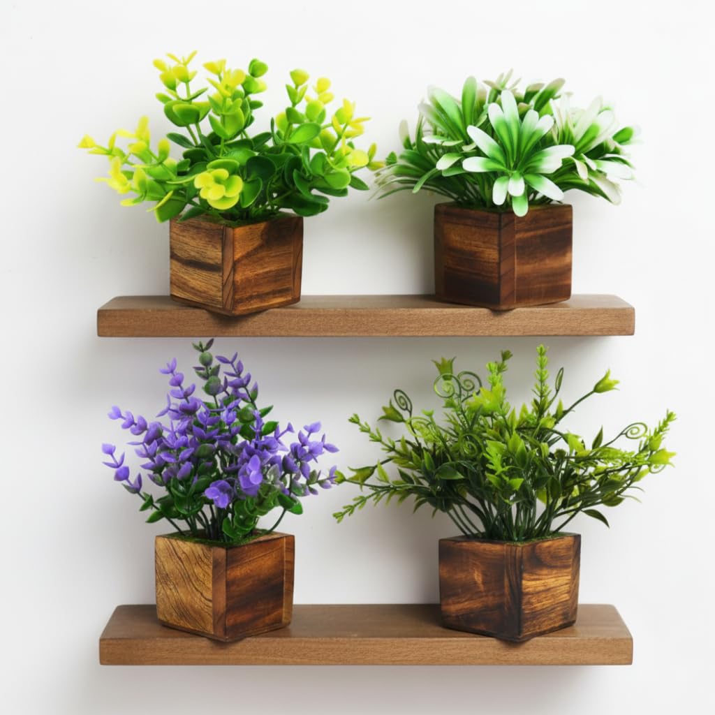 DecoreBugs Artificial Greenery Leave Set in Wooden Pot (4 Pack) Mini Potted Plants for Home Decor, Office Desk, Shelf Decoration, Indoor Small Fake Eucalyptus