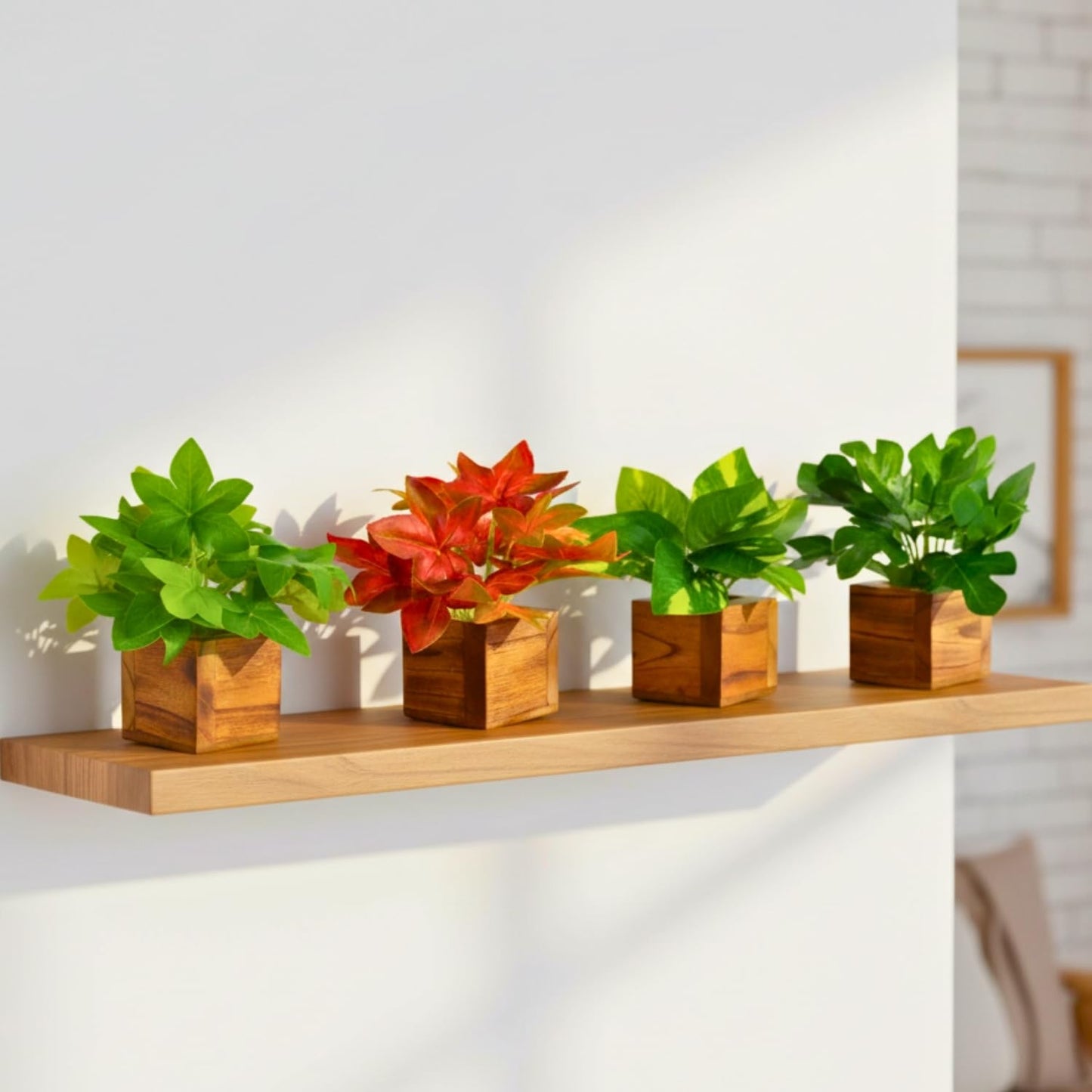 DecoreBugs Artificial Greenery Leave Set in Wooden Pot (4 Pack) Mini Potted Plants for Home Decor, Office Desk, Shelf Decoration, Indoor Small Fake Eucalyptus