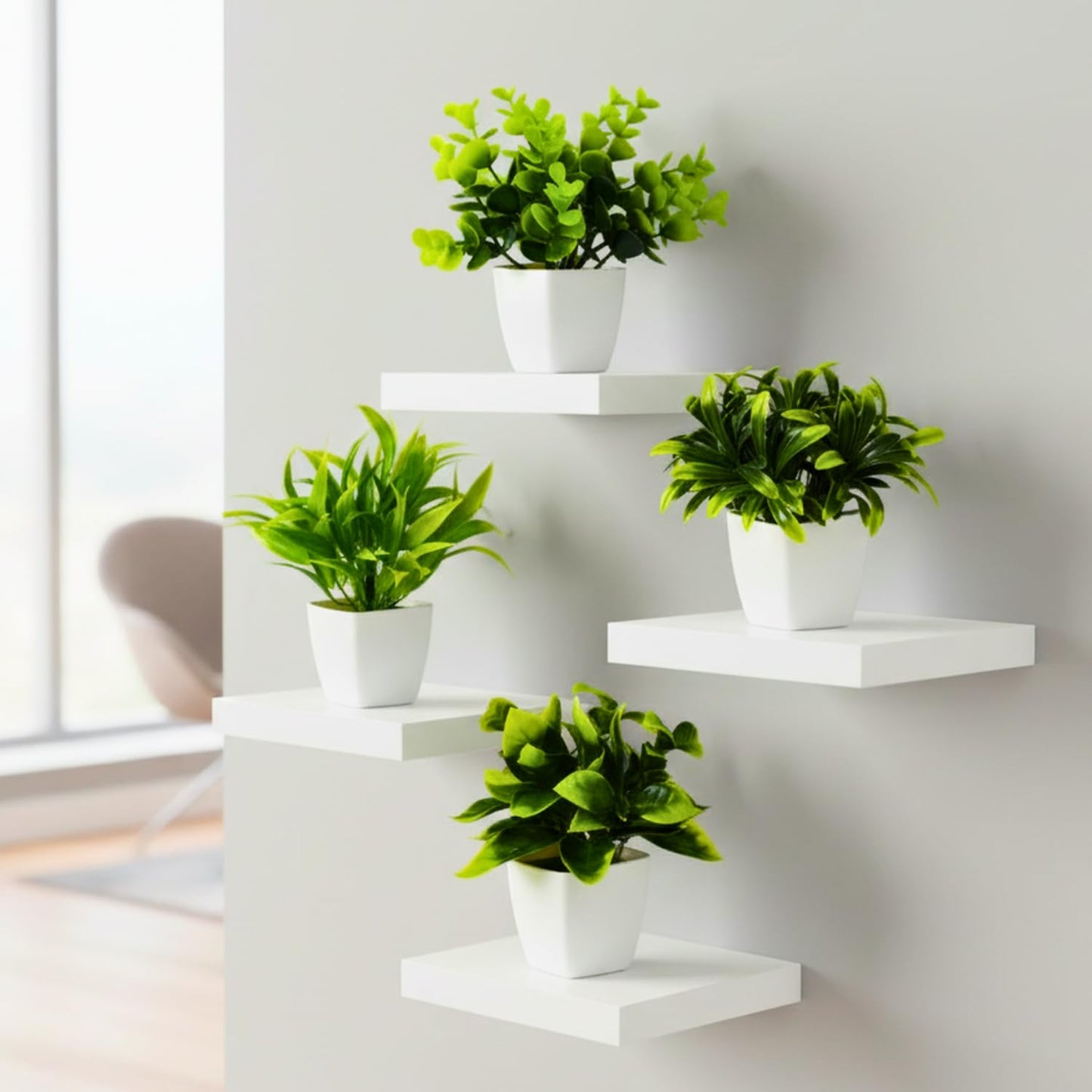 DecoreBugs Artificial Greenery Leave Set in Wooden Pot (4 Pack) Mini Potted Plants for Home Decor, Office Desk, Shelf Decoration, Indoor Small Fake Eucalyptus