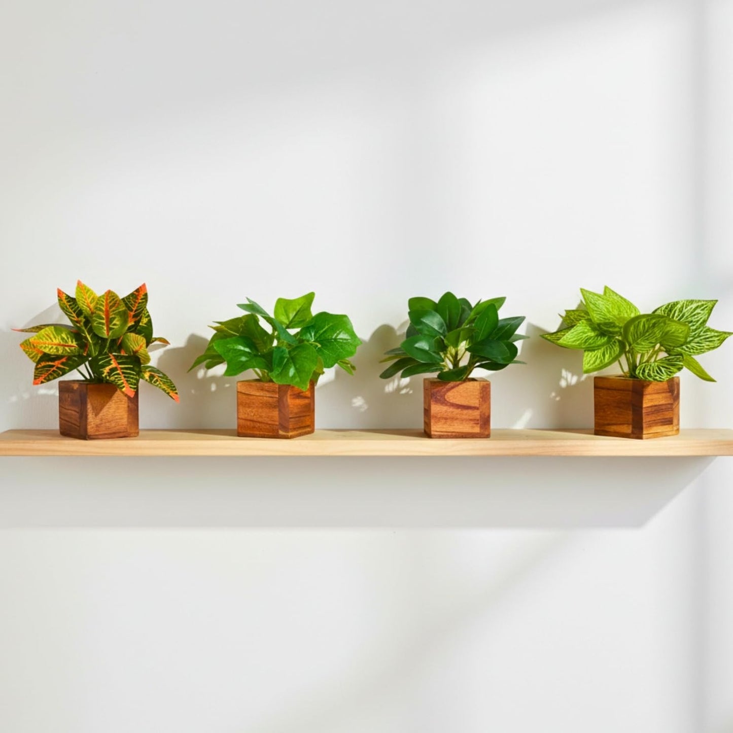 DecoreBugs Artificial Greenery Leave Set in Wooden Pot (4 Pack) Mini Potted Plants for Home Decor, Office Desk, Shelf Decoration, Indoor Small Fake Eucalyptus