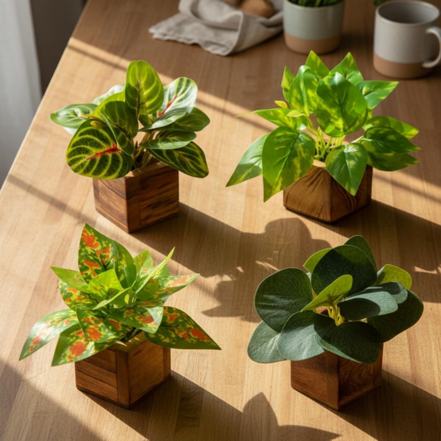 DecoreBugs Artificial Greenery Leave Set in Wooden Pot (4 Pack) Mini Potted Plants for Home Decor, Office Desk, Shelf Decoration, Indoor Small Fake Eucalyptus
