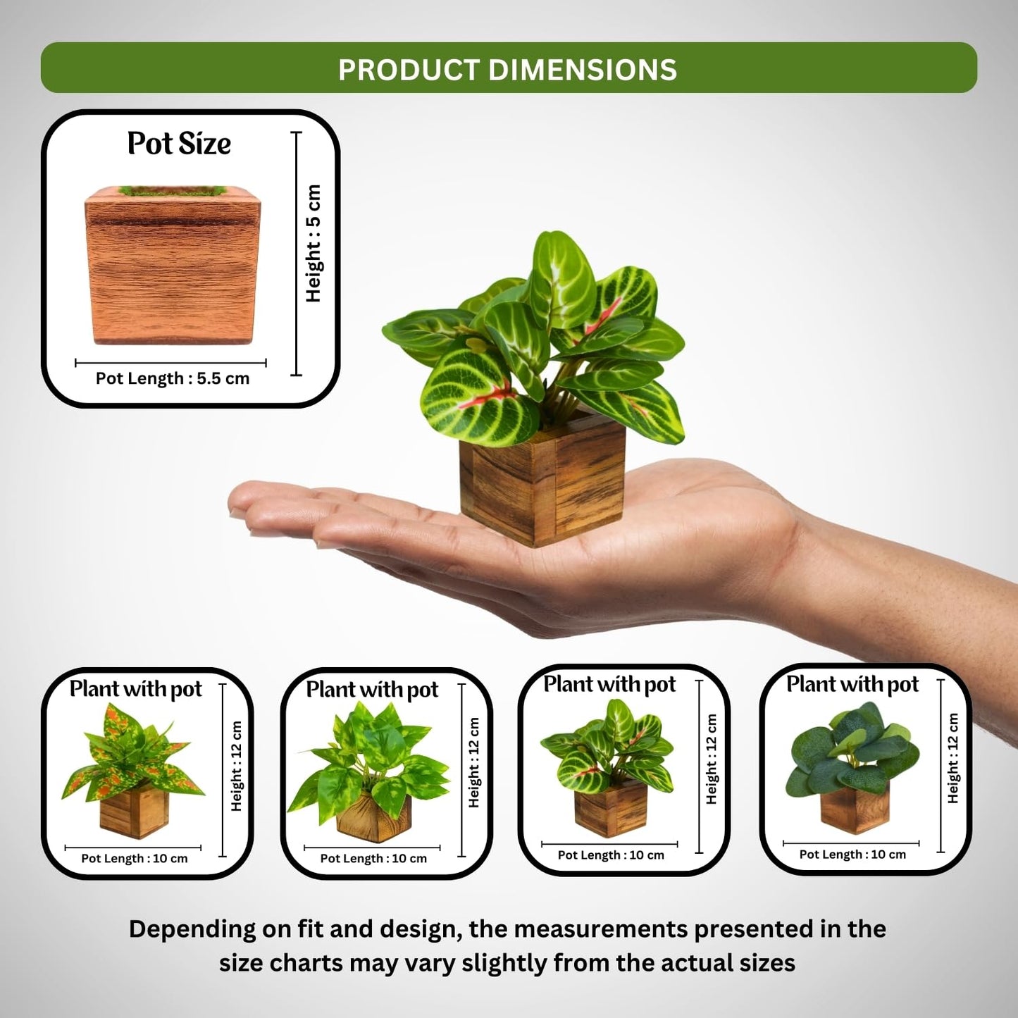 DecoreBugs Artificial Greenery Leave Set in Wooden Pot (4 Pack) Mini Potted Plants for Home Decor, Office Desk, Shelf Decoration, Indoor Small Fake Eucalyptus