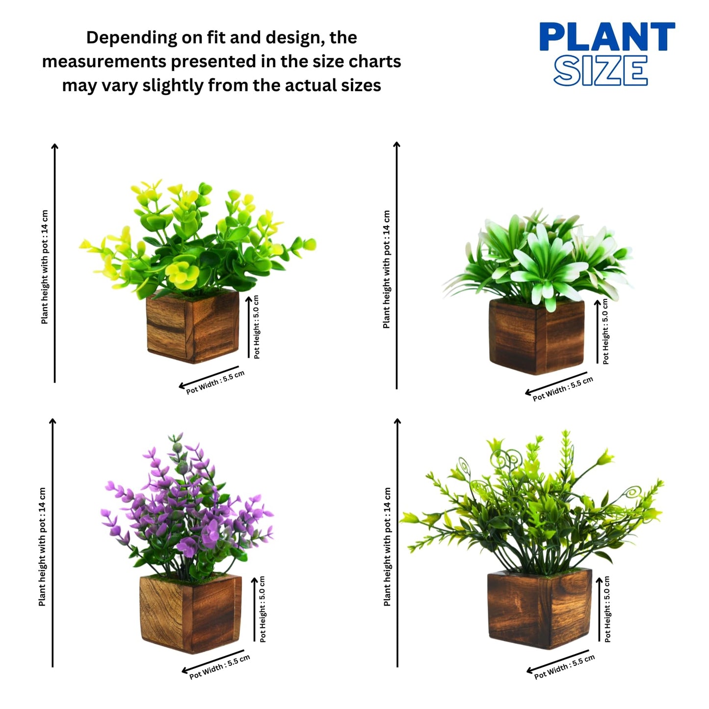 DecoreBugs Artificial Greenery Leave Set in Wooden Pot (4 Pack) Mini Potted Plants for Home Decor, Office Desk, Shelf Decoration, Indoor Small Fake Eucalyptus