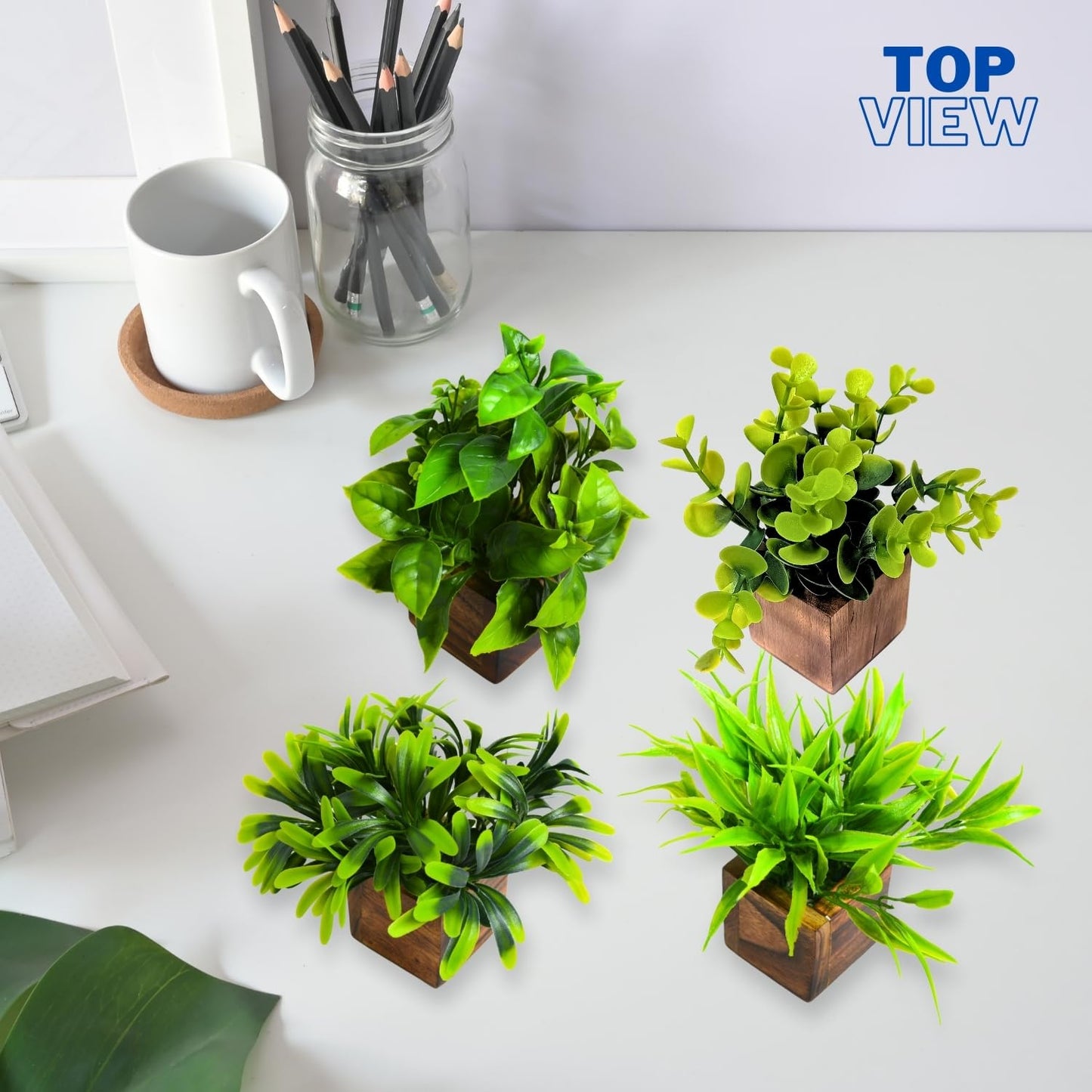 DecoreBugs Artificial Greenery Leave Set in Wooden Pot (4 Pack) Mini Potted Plants for Home Decor, Office Desk, Shelf Decoration, Indoor Small Fake Eucalyptus