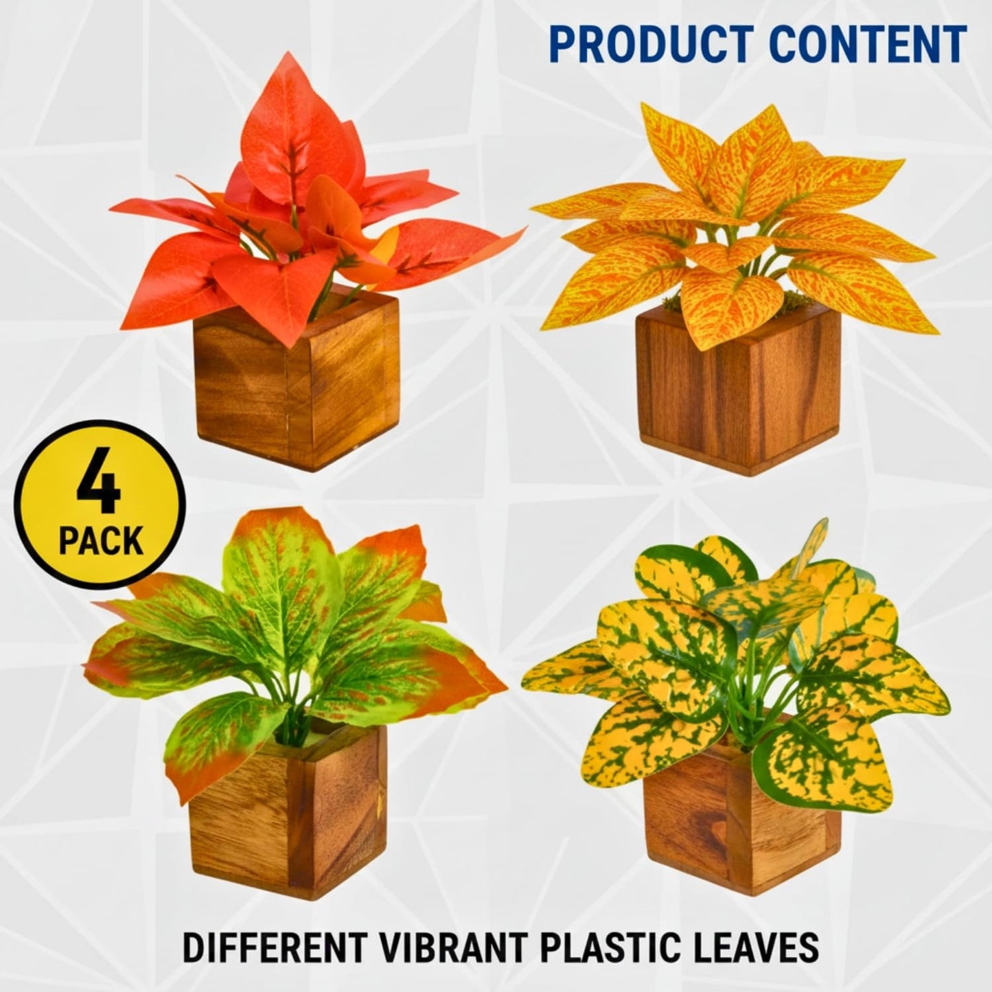 DecoreBugs Artificial Greenery Leave Set in Wooden Pot (4 Pack) Mini Potted Plants for Home Decor, Office Desk, Shelf Decoration, Indoor Small Fake Eucalyptus