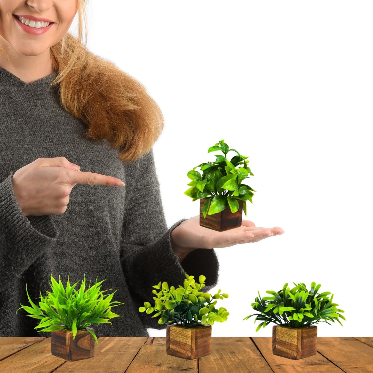 DecoreBugs Artificial Greenery Leave Set in Wooden Pot (4 Pack) Mini Potted Plants for Home Decor, Office Desk, Shelf Decoration, Indoor Small Fake Eucalyptus