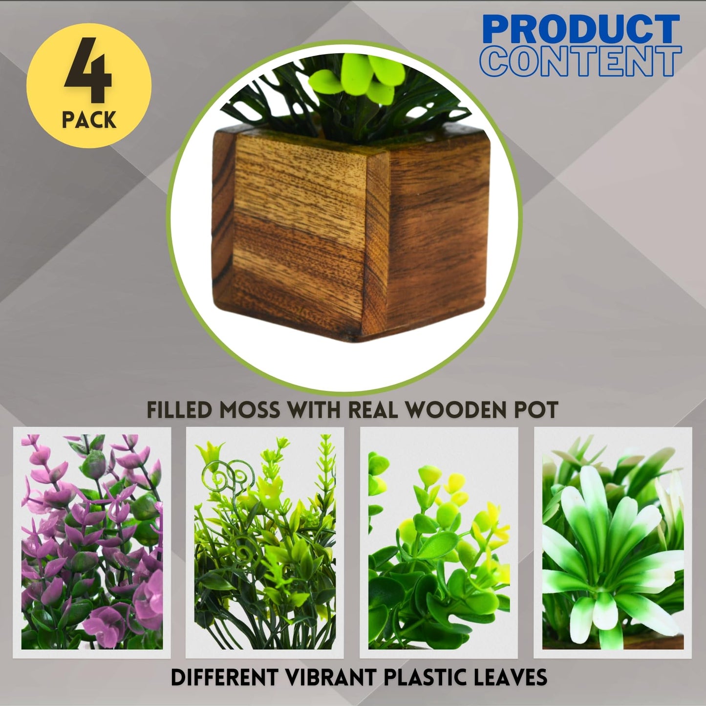 DecoreBugs Artificial Greenery Leave Set in Wooden Pot (4 Pack) Mini Potted Plants for Home Decor, Office Desk, Shelf Decoration, Indoor Small Fake Eucalyptus