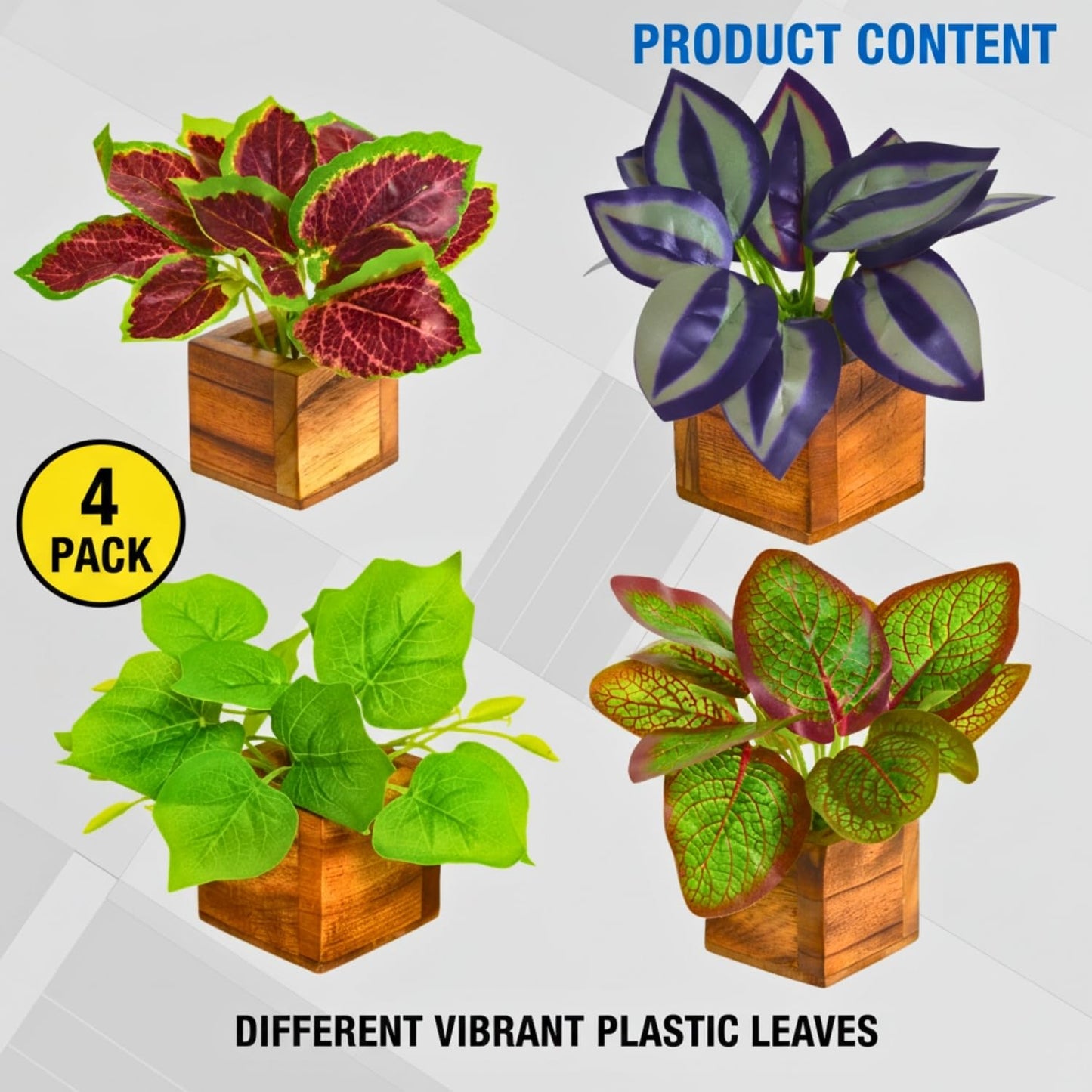 DecoreBugs Artificial Greenery Leave Set in Wooden Pot (4 Pack) Mini Potted Plants for Home Decor, Office Desk, Shelf Decoration, Indoor Small Fake Eucalyptus