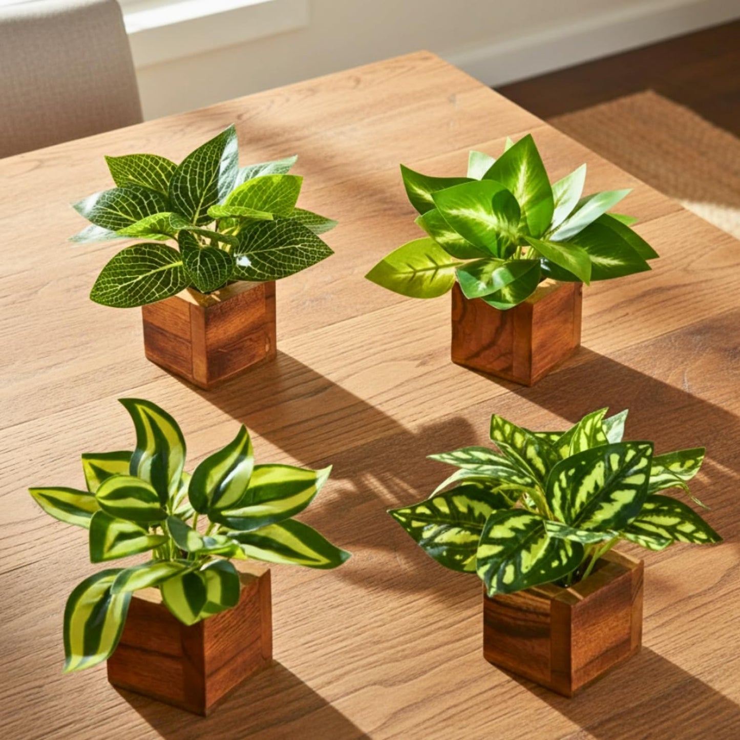 DecoreBugs Artificial Greenery Leave Set in Wooden Pot (4 Pack) Mini Potted Plants for Home Decor, Office Desk, Shelf Decoration, Indoor Small Fake Eucalyptus