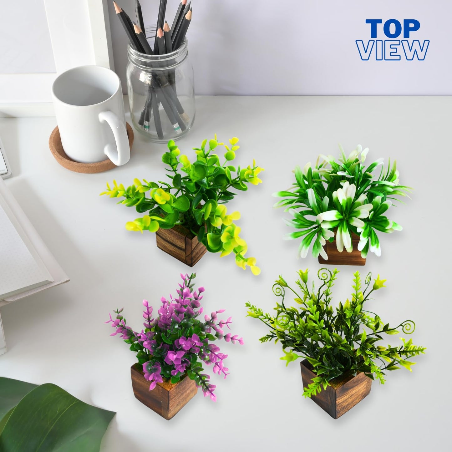 DecoreBugs Artificial Greenery Leave Set in Wooden Pot (4 Pack) Mini Potted Plants for Home Decor, Office Desk, Shelf Decoration, Indoor Small Fake Eucalyptus