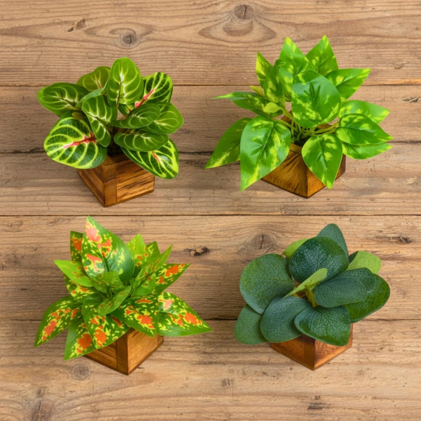 DecoreBugs Artificial Greenery Leave Set in Wooden Pot (4 Pack) Mini Potted Plants for Home Decor, Office Desk, Shelf Decoration, Indoor Small Fake Eucalyptus