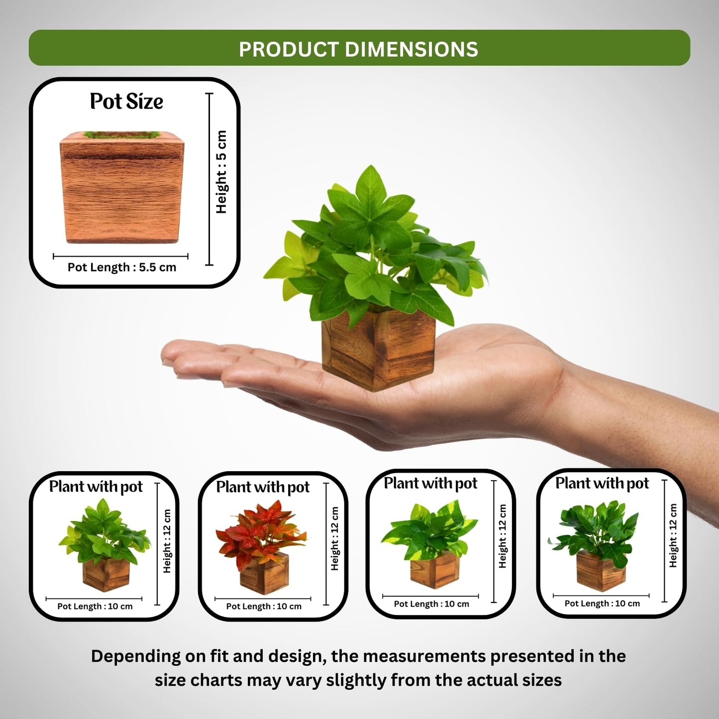 DecoreBugs Artificial Greenery Leave Set in Wooden Pot (4 Pack) Mini Potted Plants for Home Decor, Office Desk, Shelf Decoration, Indoor Small Fake Eucalyptus