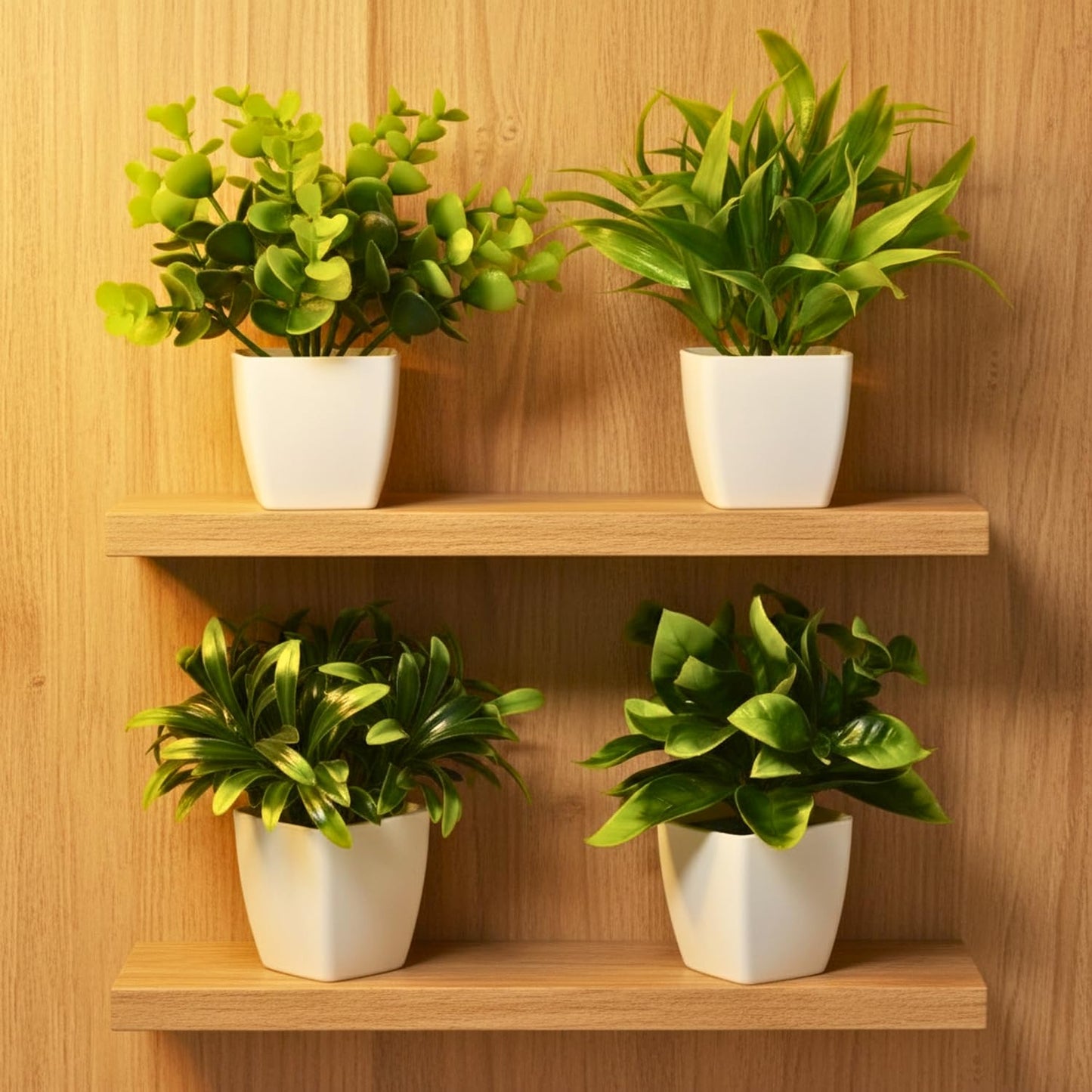 DecoreBugs Artificial Greenery Leave Set in Wooden Pot (4 Pack) Mini Potted Plants for Home Decor, Office Desk, Shelf Decoration, Indoor Small Fake Eucalyptus