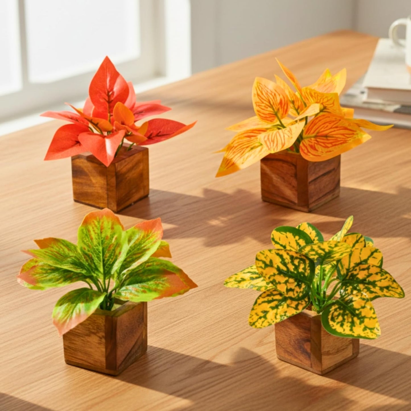 DecoreBugs Artificial Greenery Leave Set in Wooden Pot (4 Pack) Mini Potted Plants for Home Decor, Office Desk, Shelf Decoration, Indoor Small Fake Eucalyptus