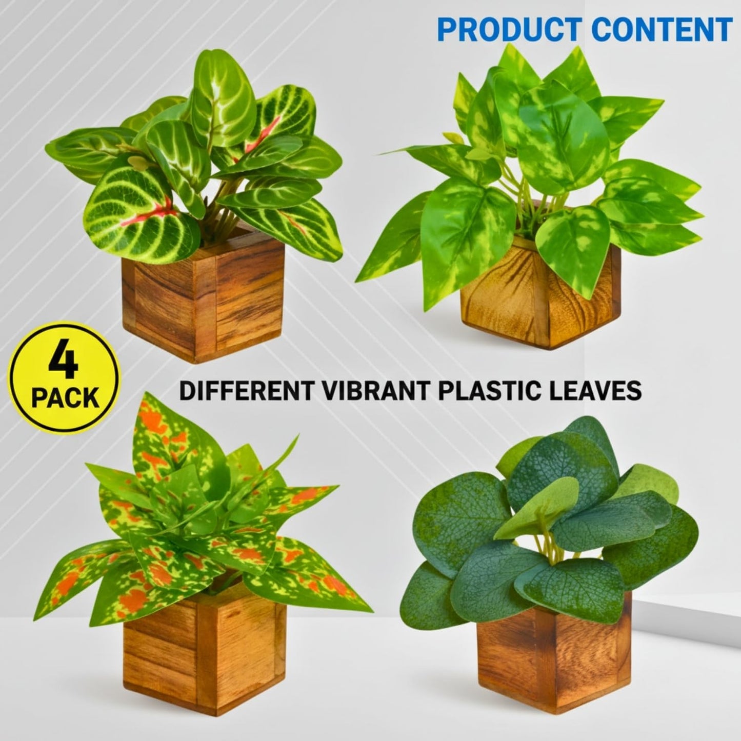 DecoreBugs Artificial Greenery Leave Set in Wooden Pot (4 Pack) Mini Potted Plants for Home Decor, Office Desk, Shelf Decoration, Indoor Small Fake Eucalyptus