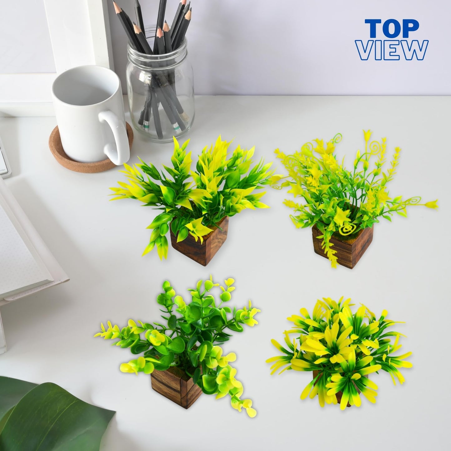 DecoreBugs Artificial Greenery Leave Set in Wooden Pot (4 Pack) Mini Potted Plants for Home Decor, Office Desk, Shelf Decoration, Indoor Small Fake Eucalyptus