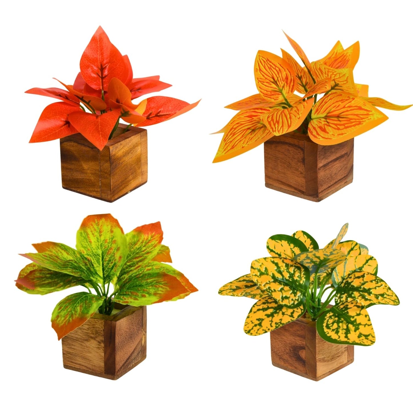 DecoreBugs Artificial Greenery Leave Set in Wooden Pot (4 Pack) Mini Potted Plants for Home Decor, Office Desk, Shelf Decoration, Indoor Small Fake Eucalyptus