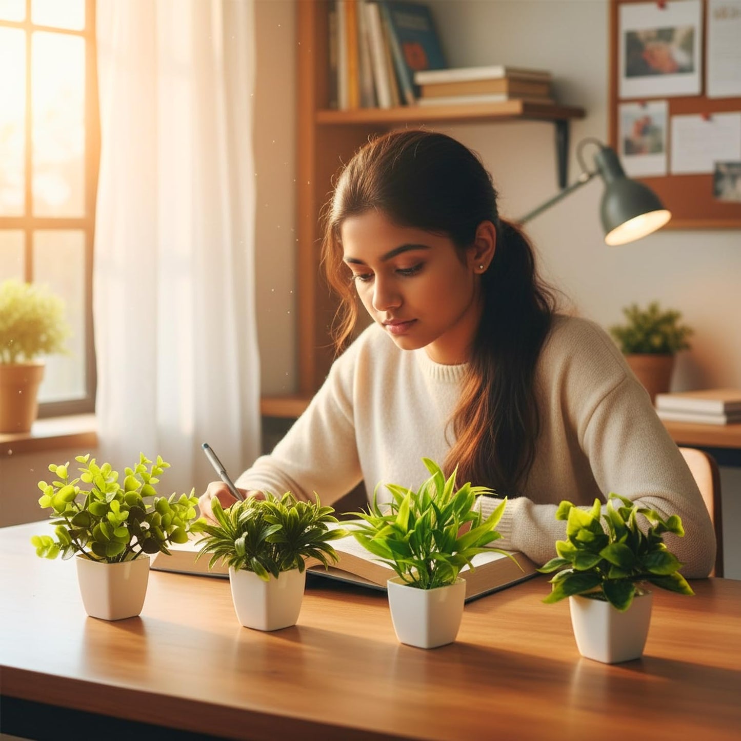 DecoreBugs Artificial Greenery Leave Set in Wooden Pot (4 Pack) Mini Potted Plants for Home Decor, Office Desk, Shelf Decoration, Indoor Small Fake Eucalyptus