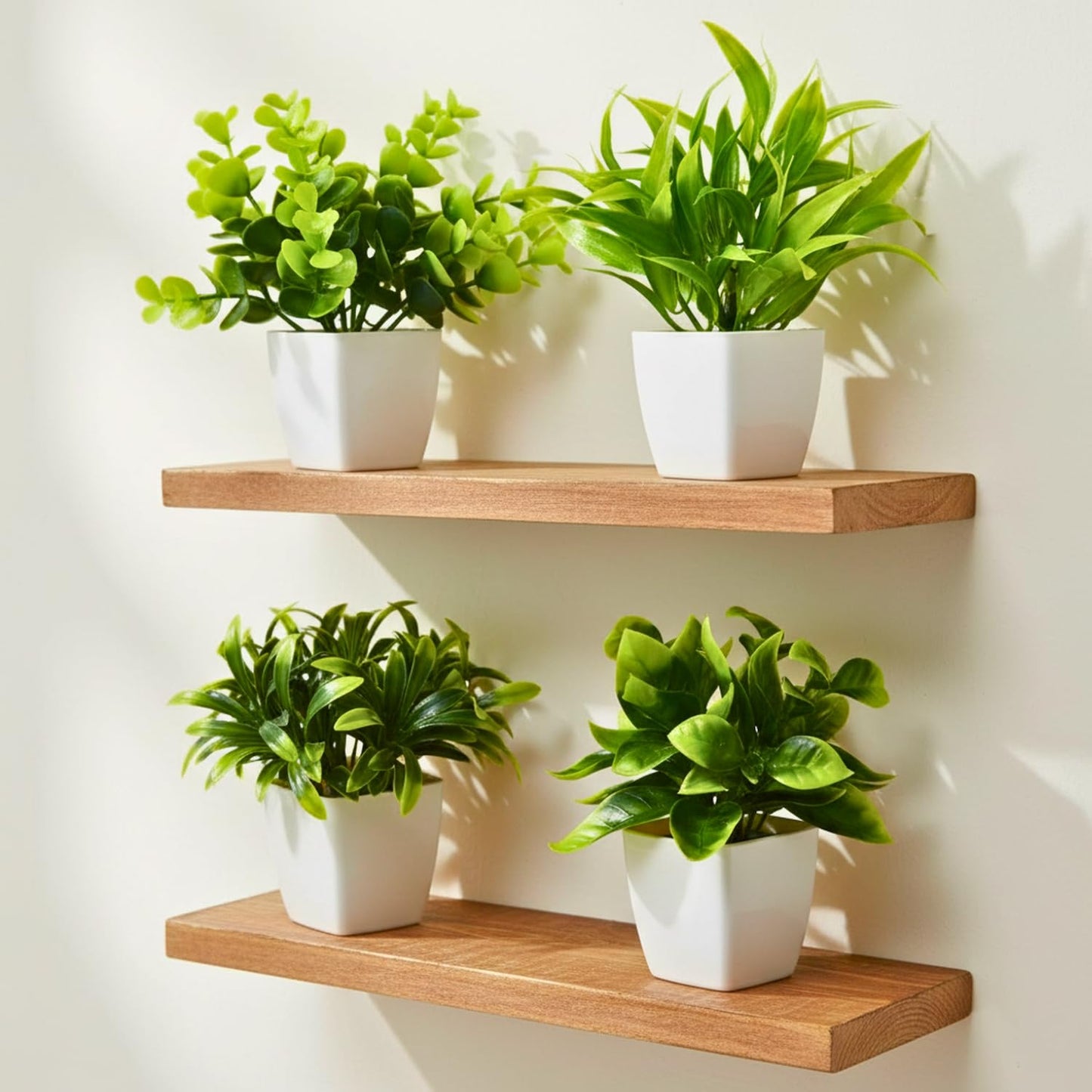DecoreBugs Artificial Greenery Leave Set in Wooden Pot (4 Pack) Mini Potted Plants for Home Decor, Office Desk, Shelf Decoration, Indoor Small Fake Eucalyptus