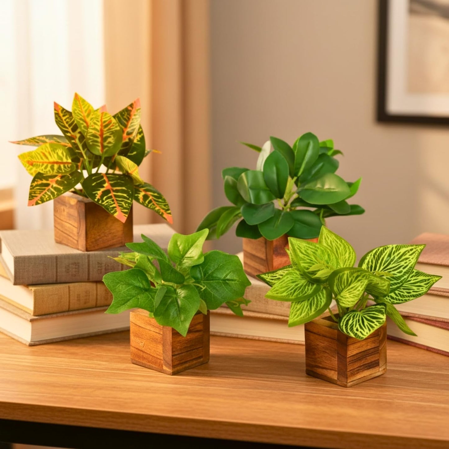 DecoreBugs Artificial Greenery Leave Set in Wooden Pot (4 Pack) Mini Potted Plants for Home Decor, Office Desk, Shelf Decoration, Indoor Small Fake Eucalyptus