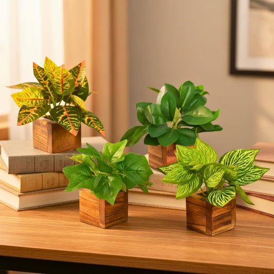 DecoreBugs Artificial Greenery Leave Set in Wooden Pot (4 Pack) Mini Potted Plants for Home Decor, Office Desk, Shelf Decoration, Indoor Small Fake Eucalyptus