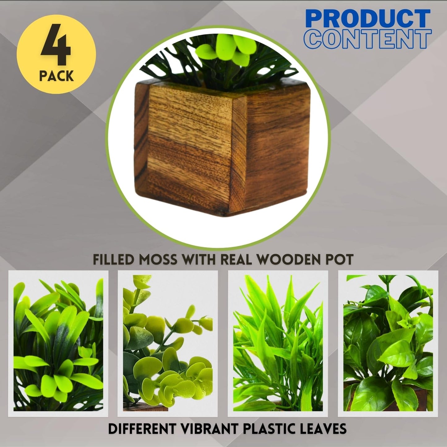 DecoreBugs Artificial Greenery Leave Set in Wooden Pot (4 Pack) Mini Potted Plants for Home Decor, Office Desk, Shelf Decoration, Indoor Small Fake Eucalyptus