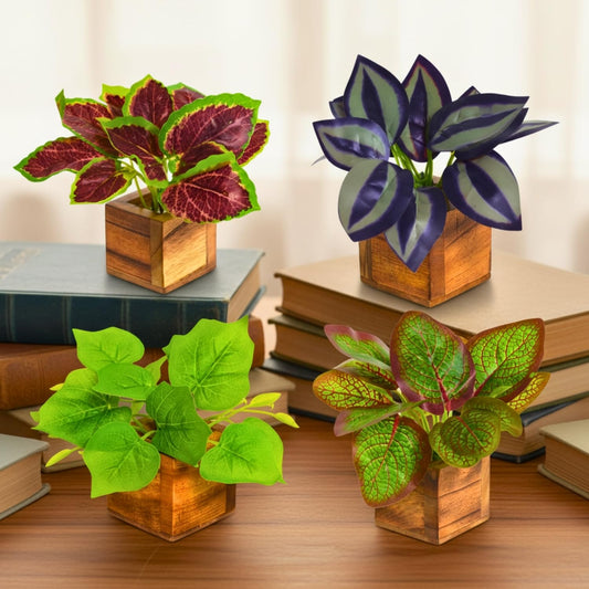 DecoreBugs Artificial Greenery Leave Set in Wooden Pot (4 Pack) Mini Potted Plants for Home Decor, Office Desk, Shelf Decoration, Indoor Small Fake Eucalyptus