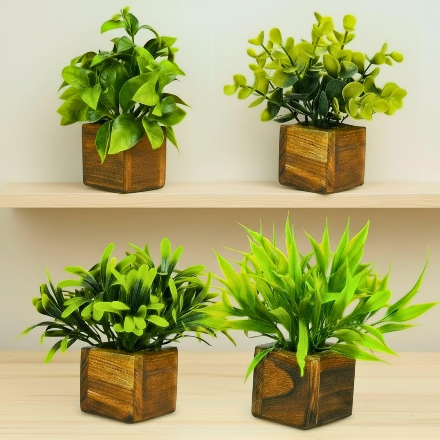 DecoreBugs Artificial Greenery Leave Set in Wooden Pot (4 Pack) Mini Potted Plants for Home Decor, Office Desk, Shelf Decoration, Indoor Small Fake Eucalyptus