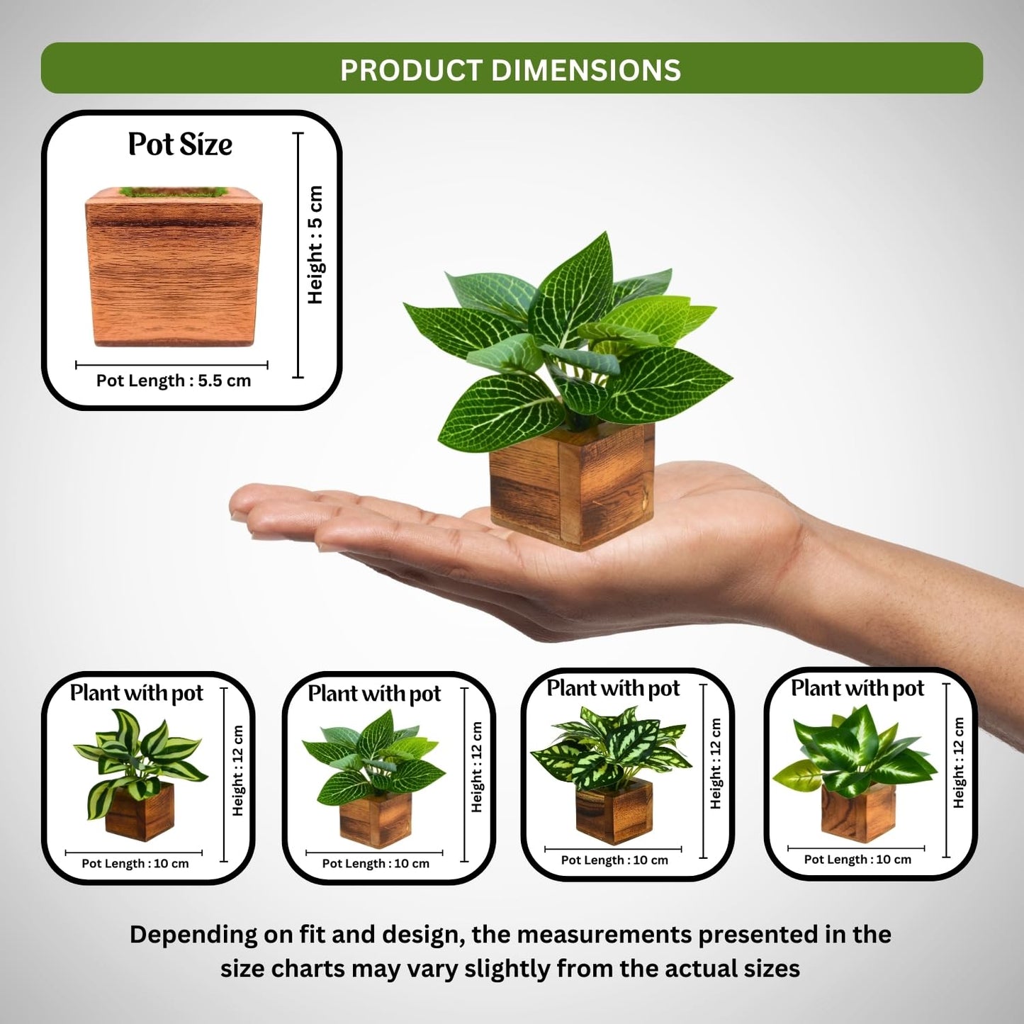 DecoreBugs Artificial Greenery Leave Set in Wooden Pot (4 Pack) Mini Potted Plants for Home Decor, Office Desk, Shelf Decoration, Indoor Small Fake Eucalyptus