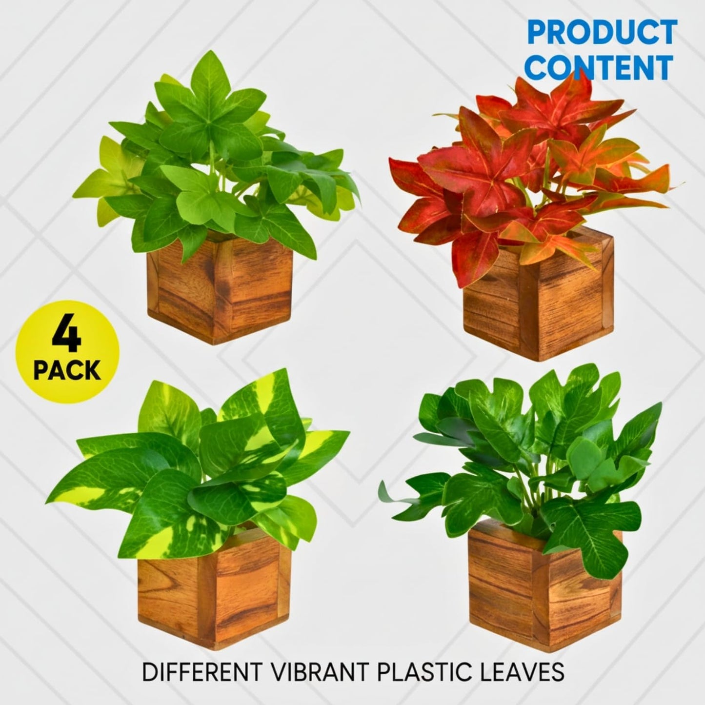 DecoreBugs Artificial Greenery Leave Set in Wooden Pot (4 Pack) Mini Potted Plants for Home Decor, Office Desk, Shelf Decoration, Indoor Small Fake Eucalyptus