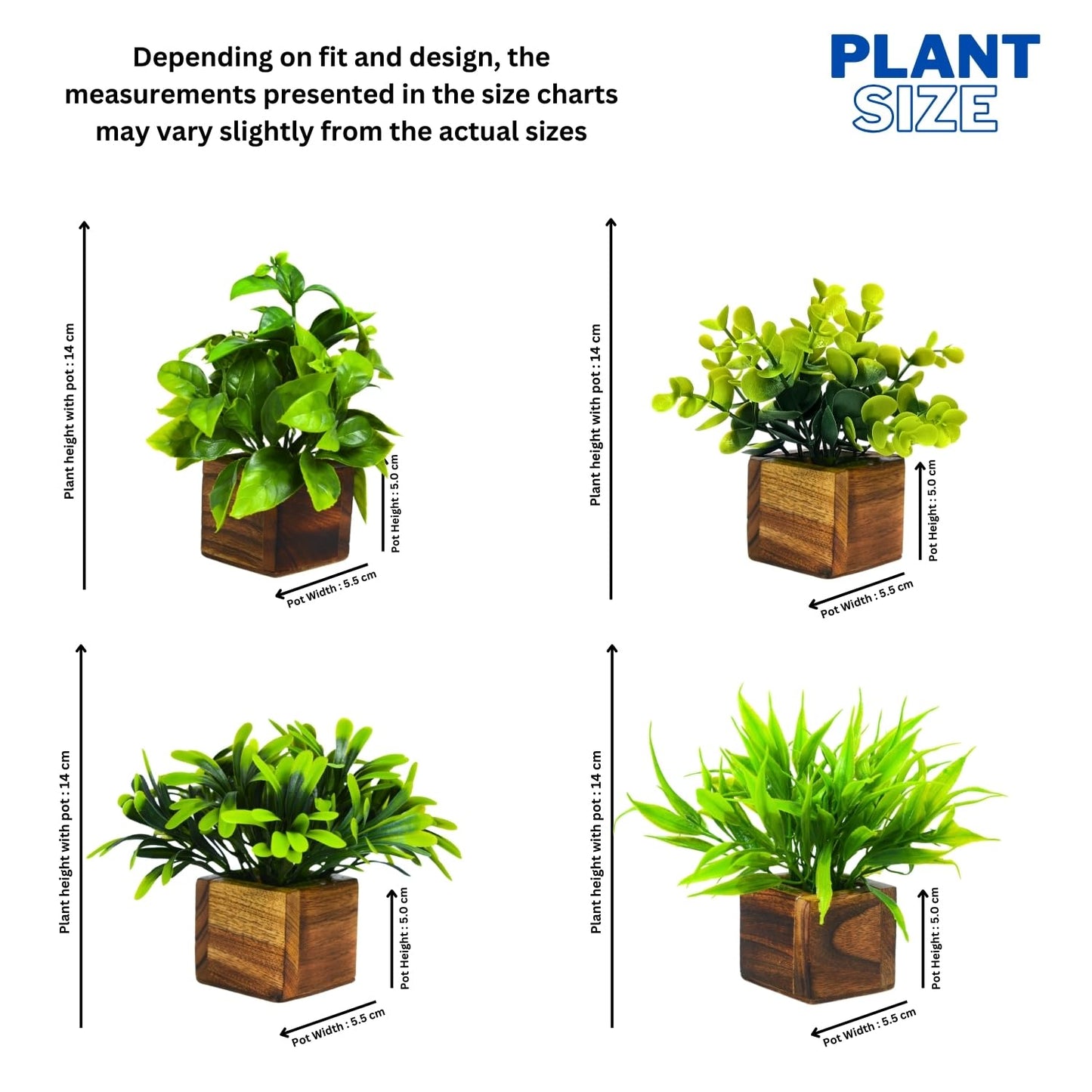 DecoreBugs Artificial Greenery Leave Set in Wooden Pot (4 Pack) Mini Potted Plants for Home Decor, Office Desk, Shelf Decoration, Indoor Small Fake Eucalyptus