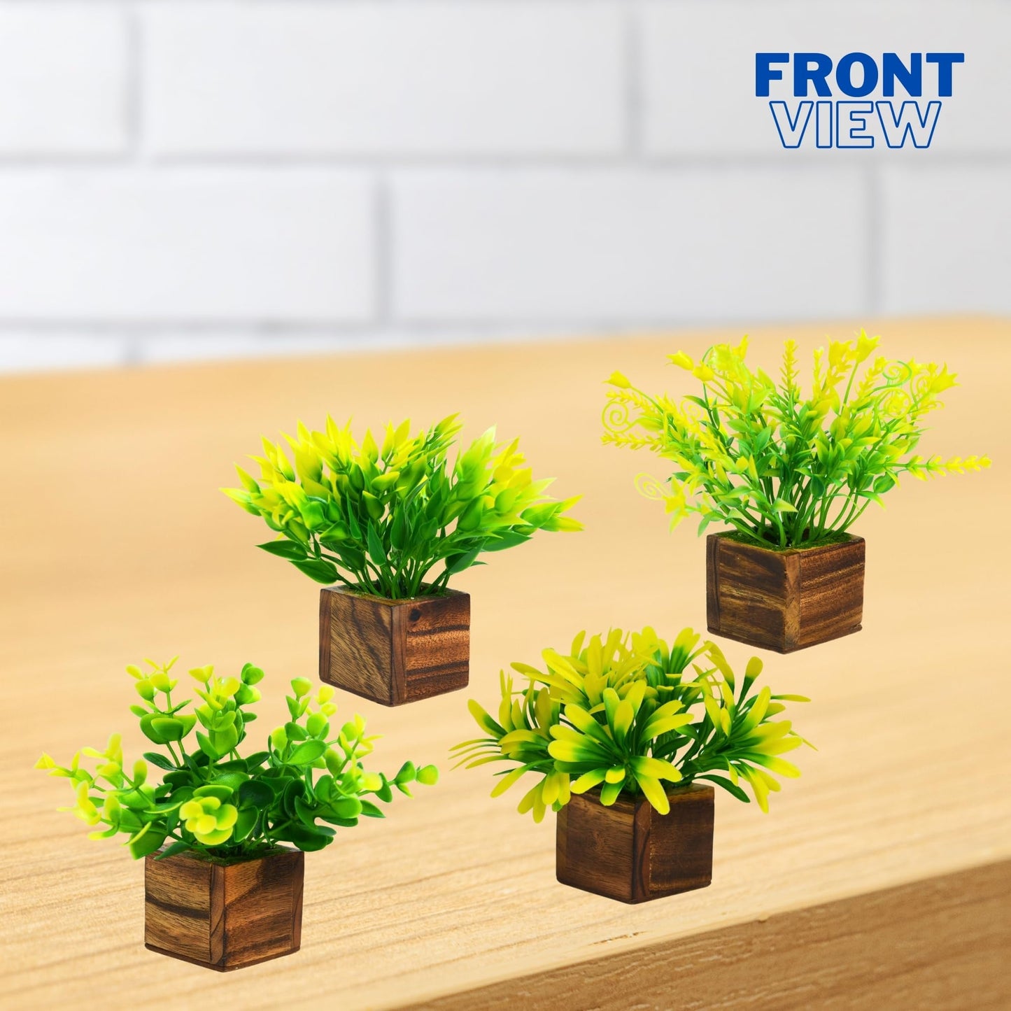 DecoreBugs Artificial Greenery Leave Set in Wooden Pot (4 Pack) Mini Potted Plants for Home Decor, Office Desk, Shelf Decoration, Indoor Small Fake Eucalyptus
