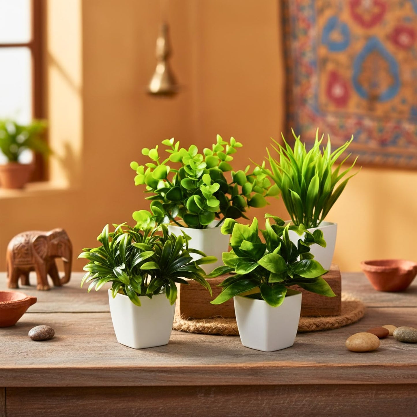 DecoreBugs Artificial Greenery Leave Set in Wooden Pot (4 Pack) Mini Potted Plants for Home Decor, Office Desk, Shelf Decoration, Indoor Small Fake Eucalyptus