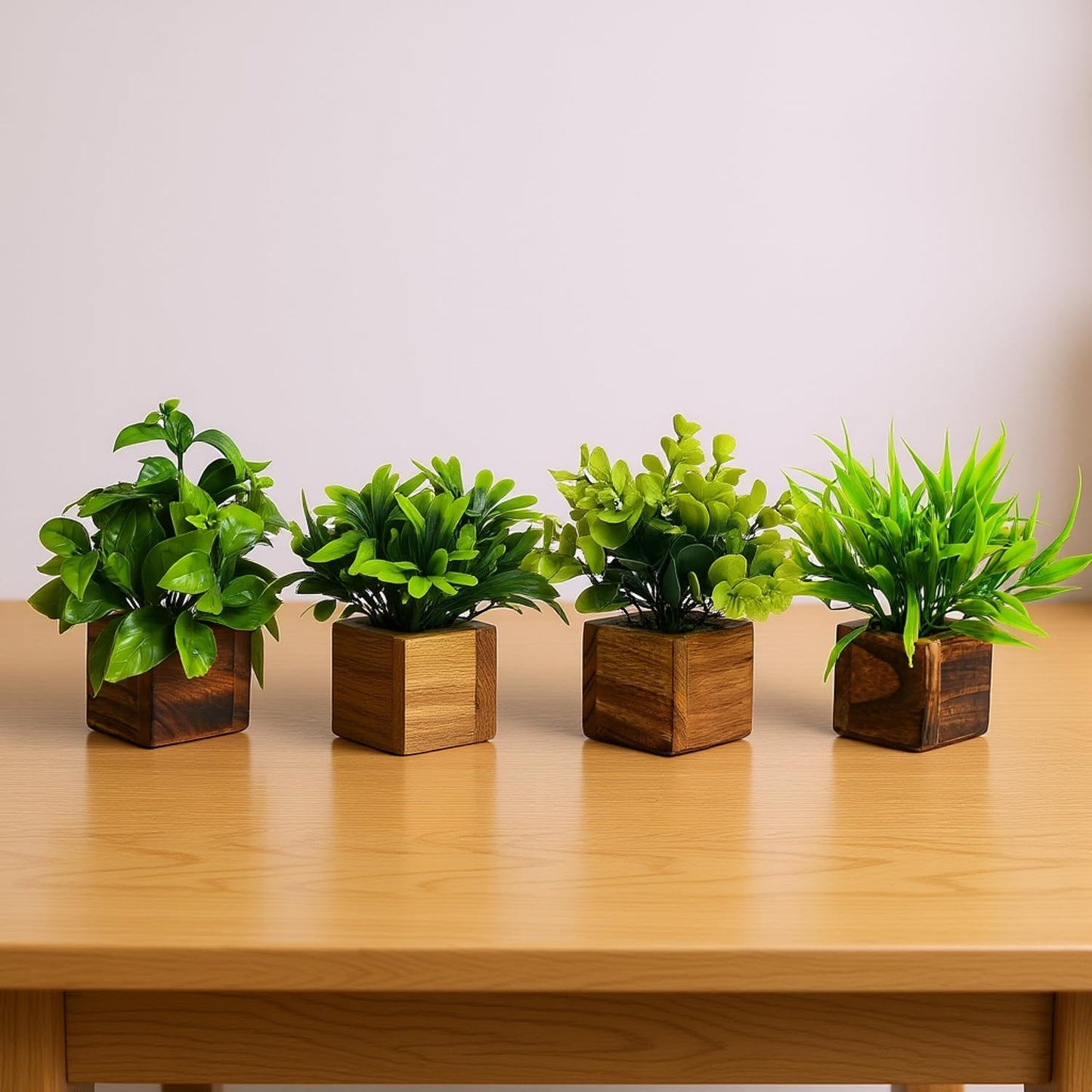 DecoreBugs Artificial Greenery Leave Set in Wooden Pot (4 Pack) Mini Potted Plants for Home Decor, Office Desk, Shelf Decoration, Indoor Small Fake Eucalyptus