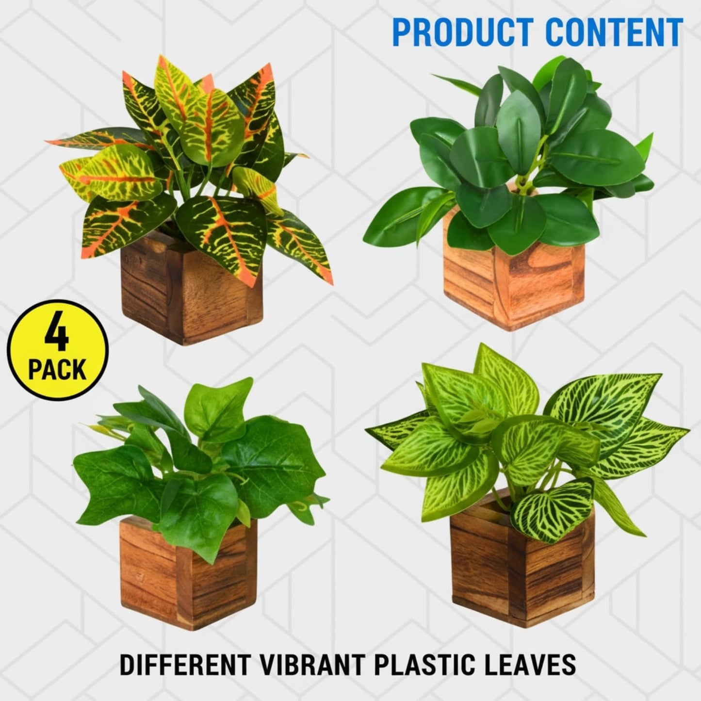 DecoreBugs Artificial Greenery Leave Set in Wooden Pot (4 Pack) Mini Potted Plants for Home Decor, Office Desk, Shelf Decoration, Indoor Small Fake Eucalyptus