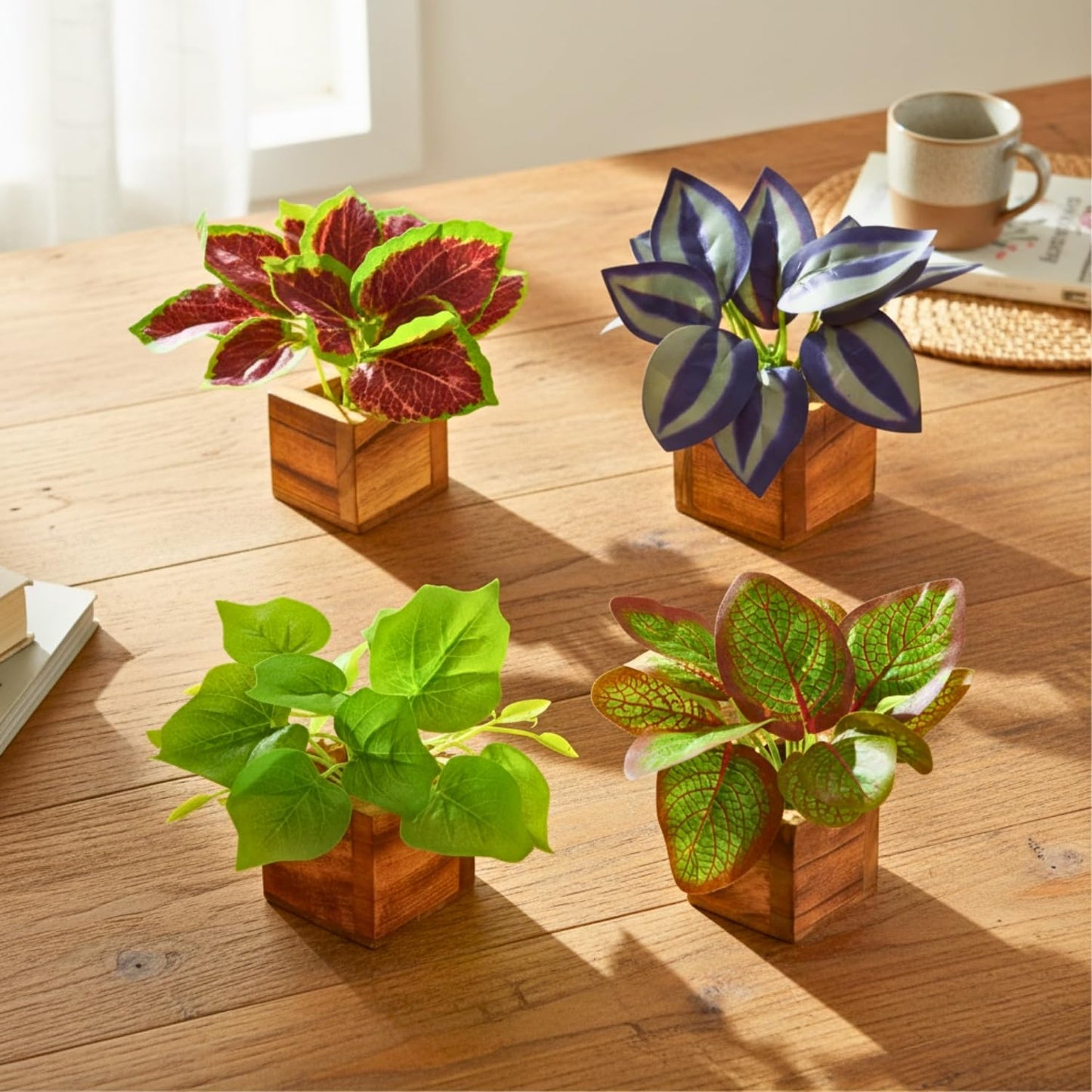 DecoreBugs Artificial Greenery Leave Set in Wooden Pot (4 Pack) Mini Potted Plants for Home Decor, Office Desk, Shelf Decoration, Indoor Small Fake Eucalyptus