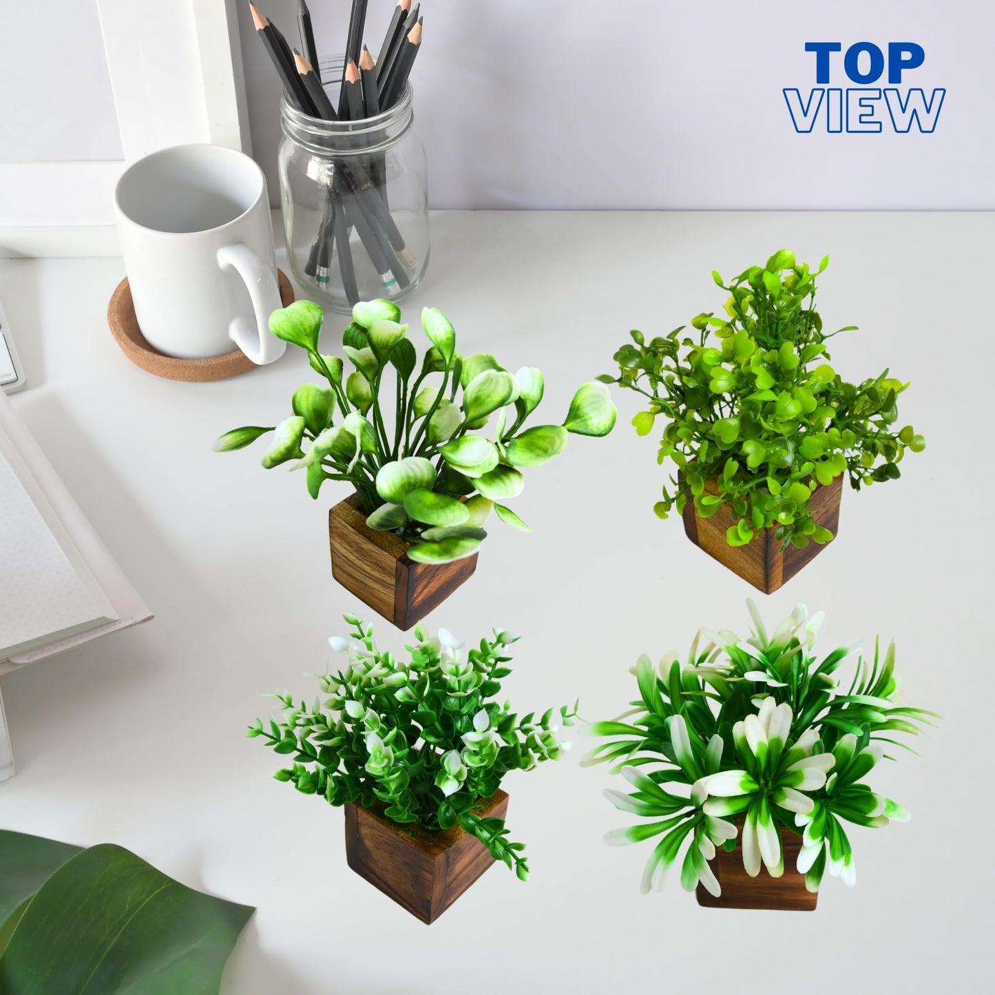 DecoreBugs Artificial Greenery Leave Set in Wooden Pot (4 Pack) Mini Potted Plants for Home Decor, Office Desk, Shelf Decoration, Indoor Small Fake Eucalyptus