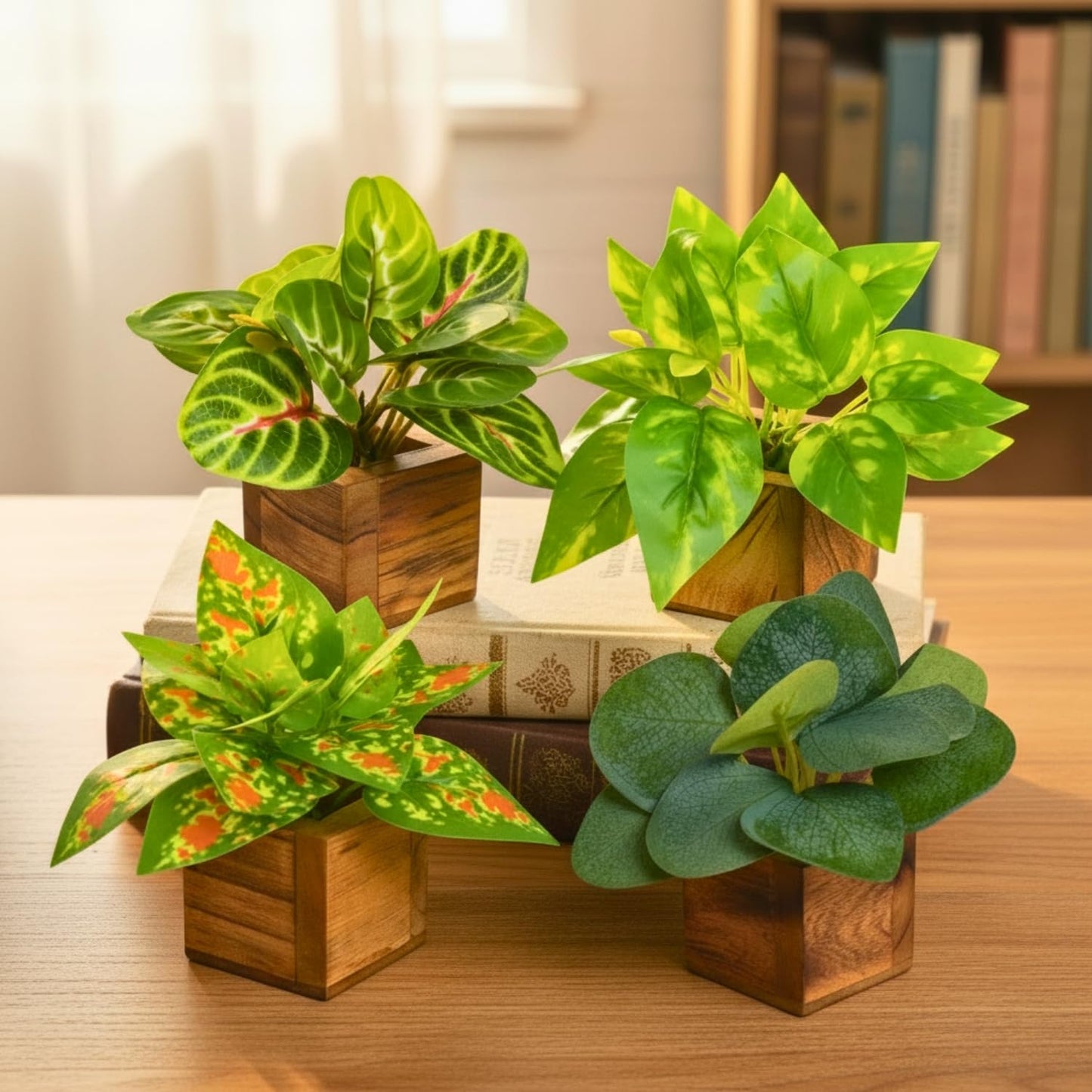 DecoreBugs Artificial Greenery Leave Set in Wooden Pot (4 Pack) Mini Potted Plants for Home Decor, Office Desk, Shelf Decoration, Indoor Small Fake Eucalyptus