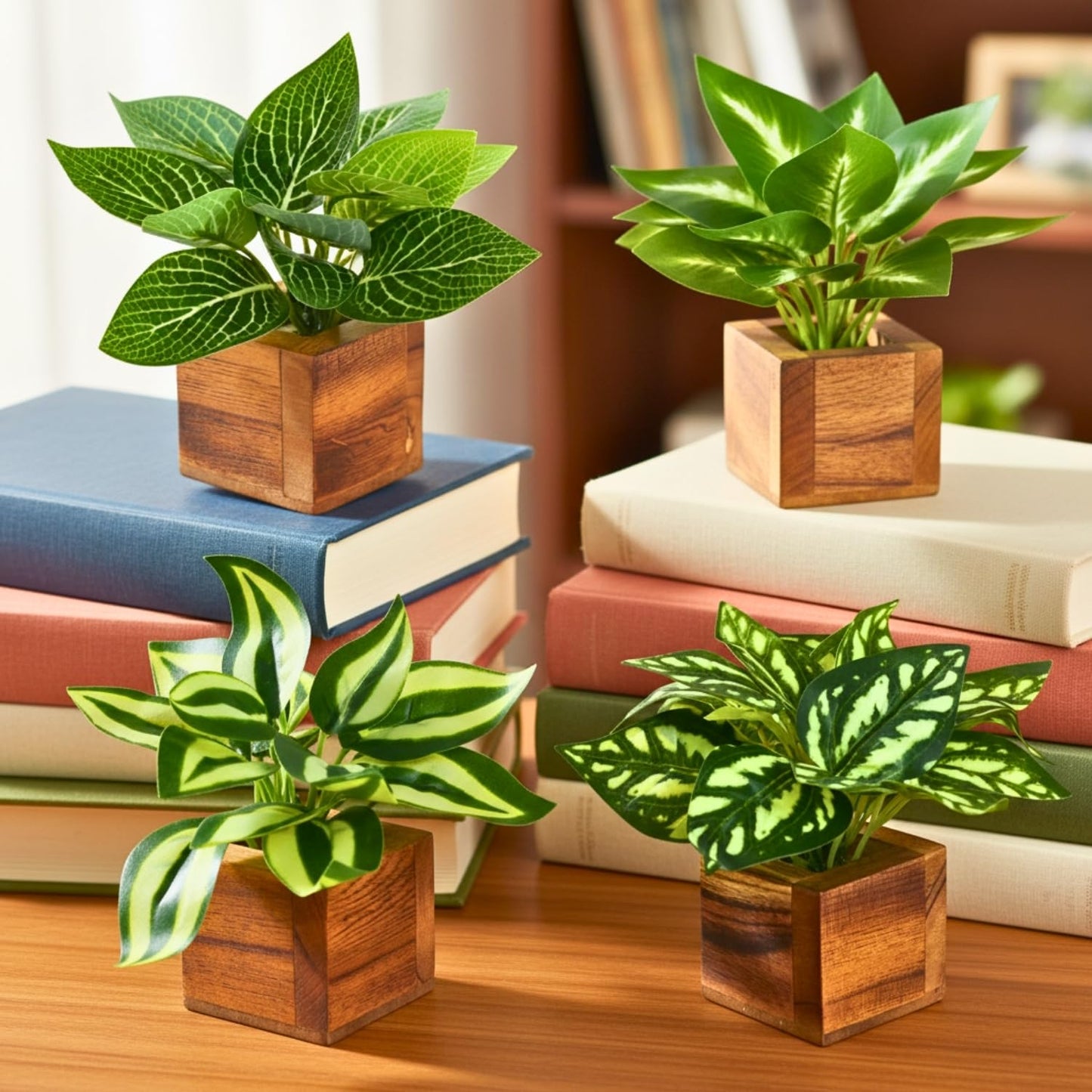 DecoreBugs Artificial Greenery Leave Set in Wooden Pot (4 Pack) Mini Potted Plants for Home Decor, Office Desk, Shelf Decoration, Indoor Small Fake Eucalyptus