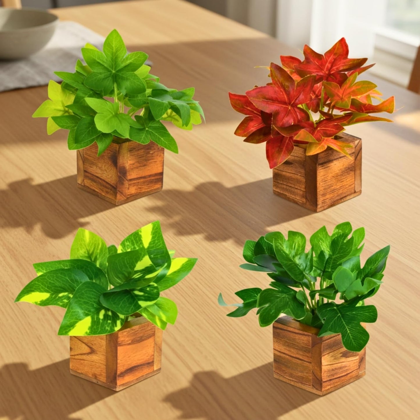 DecoreBugs Artificial Greenery Leave Set in Wooden Pot (4 Pack) Mini Potted Plants for Home Decor, Office Desk, Shelf Decoration, Indoor Small Fake Eucalyptus