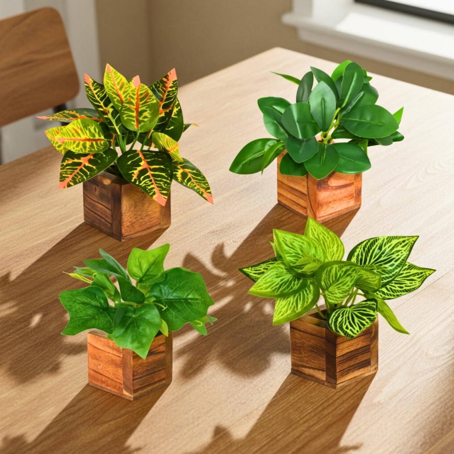 DecoreBugs Artificial Greenery Leave Set in Wooden Pot (4 Pack) Mini Potted Plants for Home Decor, Office Desk, Shelf Decoration, Indoor Small Fake Eucalyptus